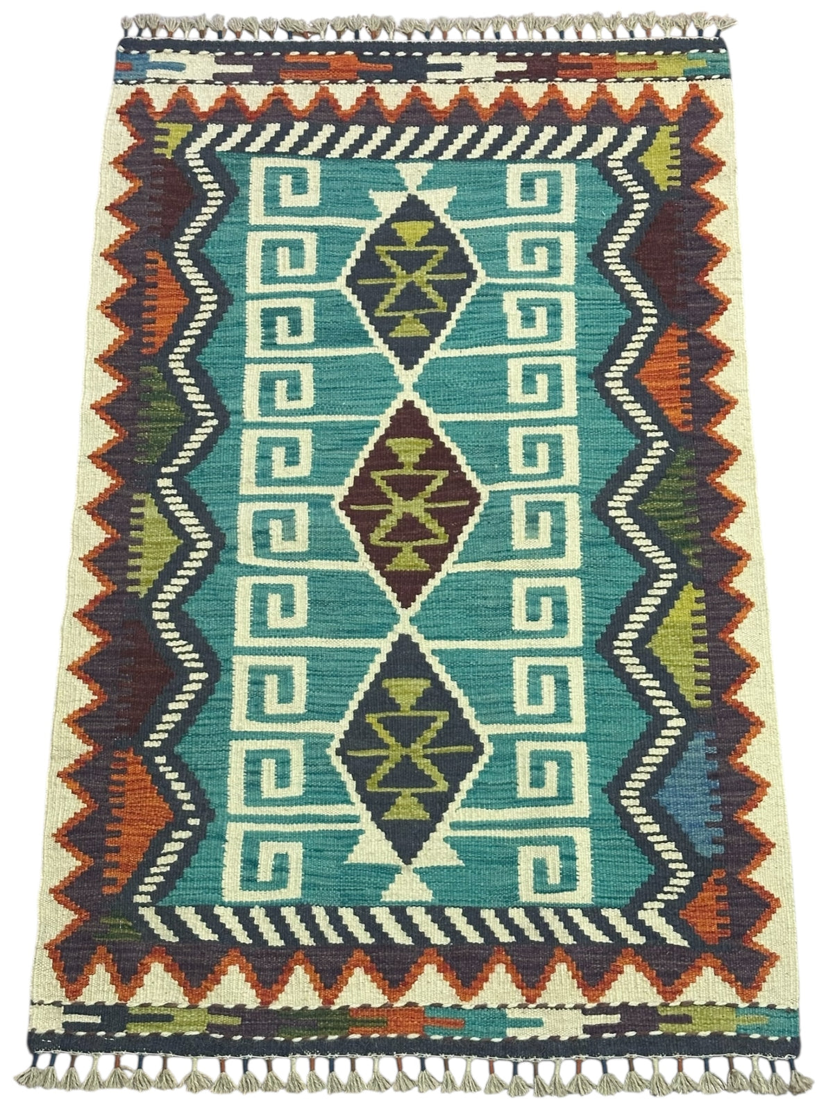Afghan Kilim Rug 3x5, Teal, Ivory & Rust, Hand-Woven Wool Flatweave, view 2