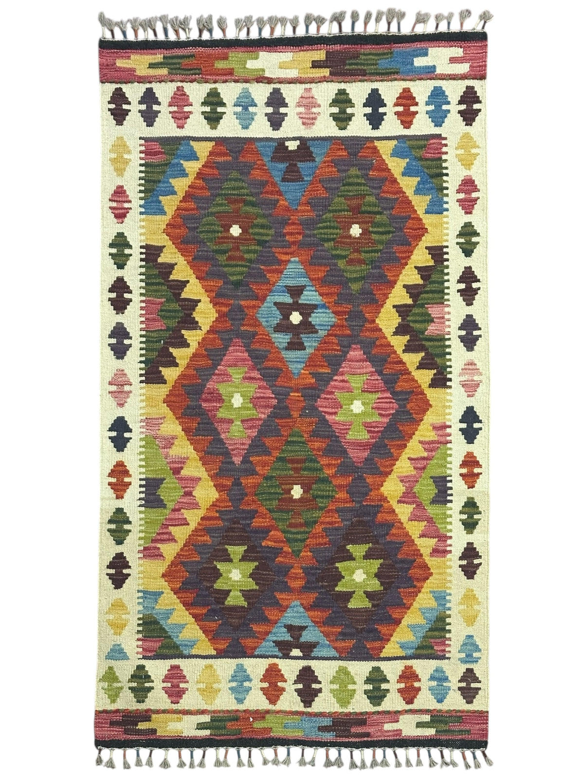 Afghan Kilim Rug 3x5, Ivory, Rust & Brown, Hand-Woven Wool Flatweave