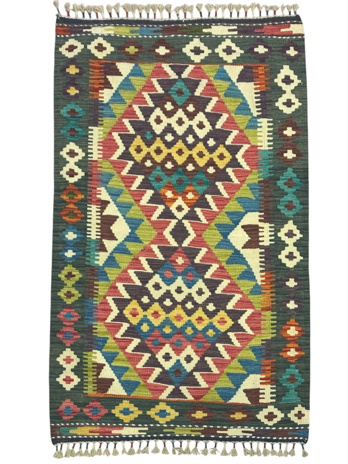 Afghan Kilim Rug 3x4, Green, Ivory & Teal, Hand-Woven Wool Flatweave