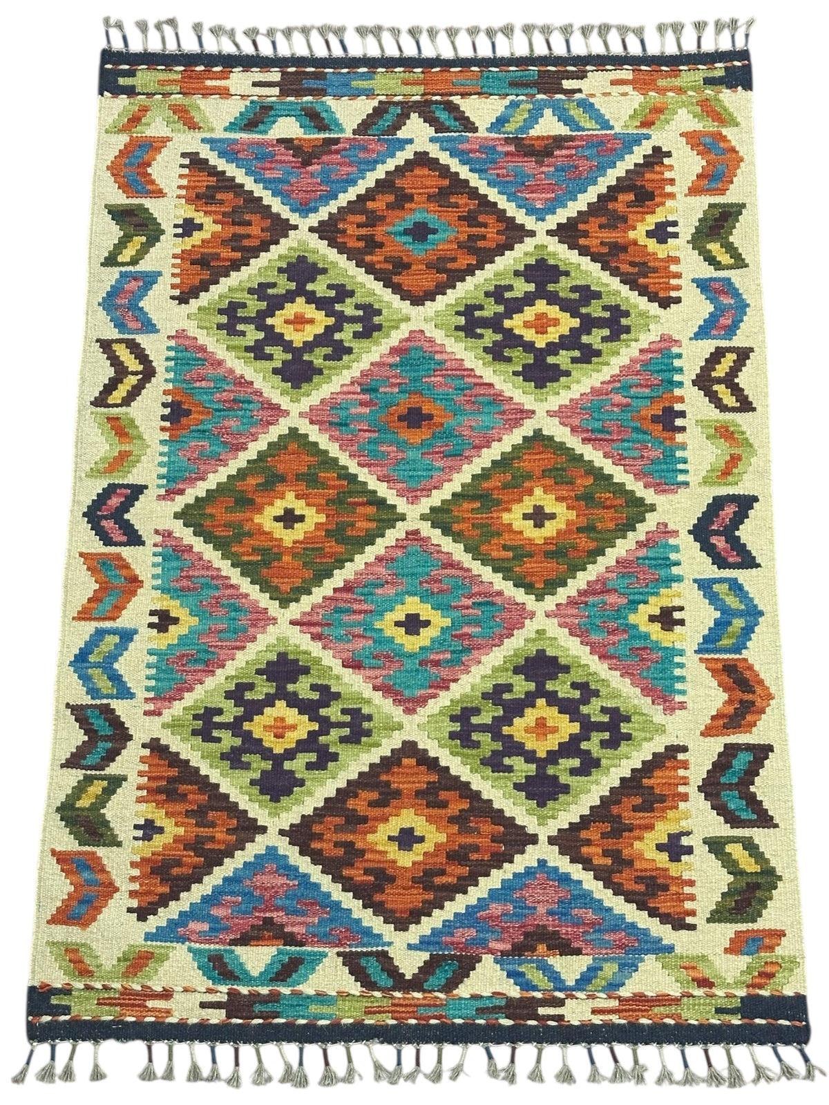 Afghan Kilim Rug 3x4, Ivory, Rust & Teal, Diamond Lattice Wool Flatweave, view 2