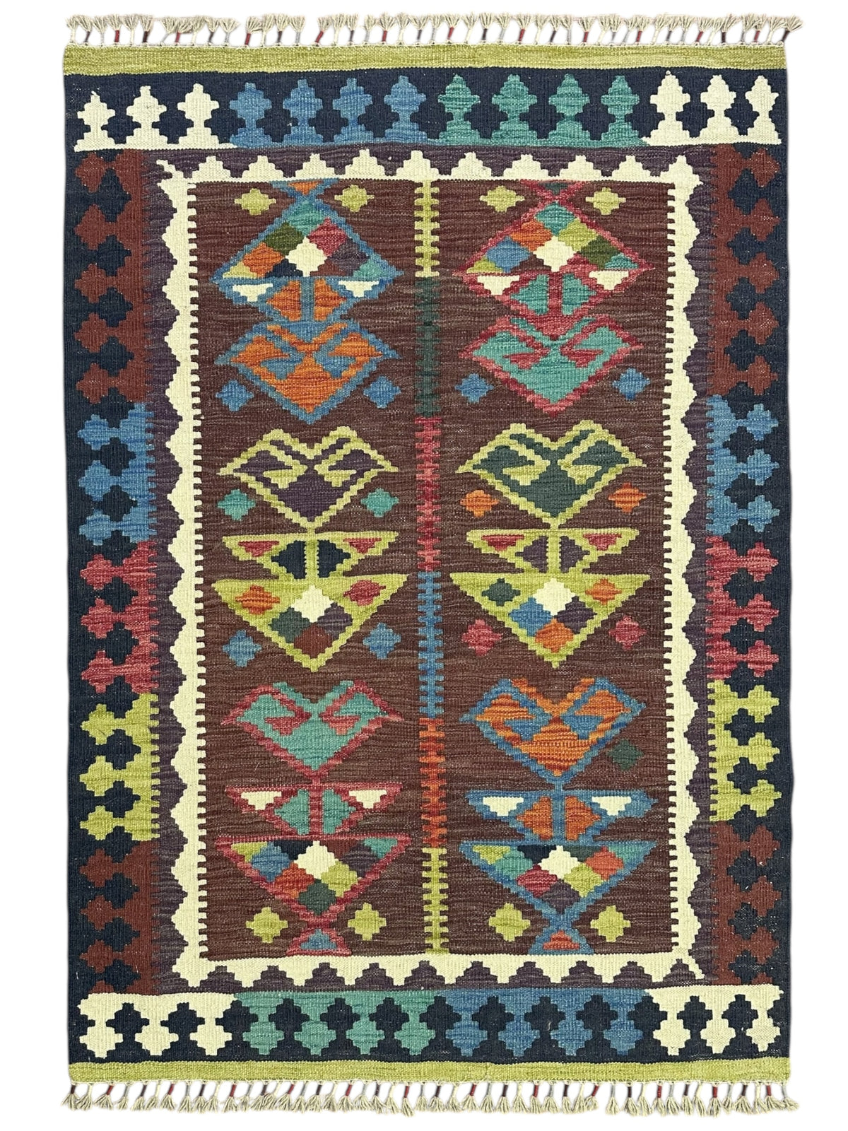 Afghan Kilim Rug 3x5, Brown, Navy & Ivory, Hand-Woven Wool Flatweave