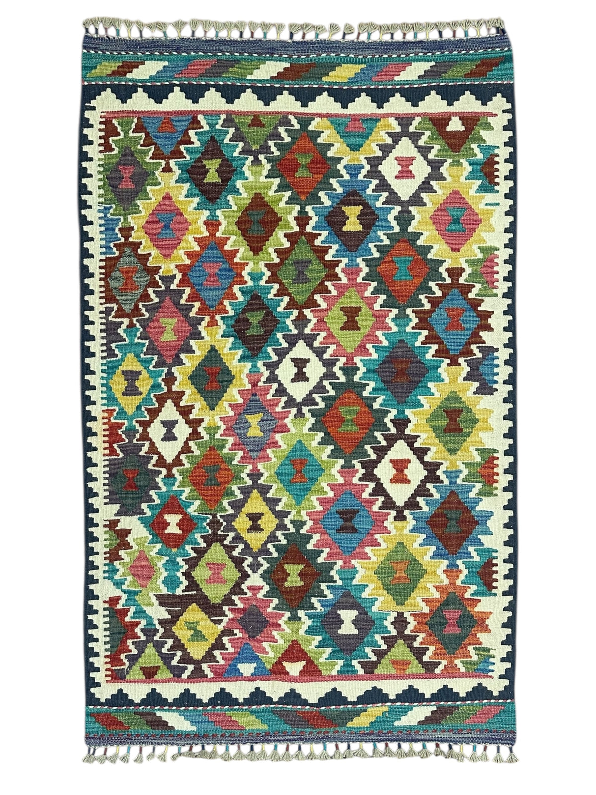 Afghan Kilim Rug 3x5, Ivory, Teal & Rust, Hand-Woven Wool Flatweave