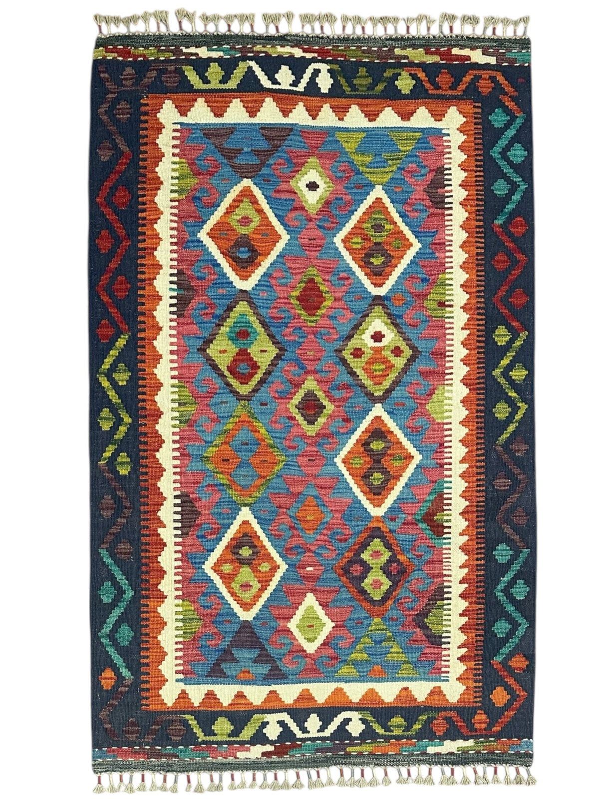 Afghan Kilim Rug 3x5, Navy, Pink & Blue, Hand-Woven Wool Flatweave