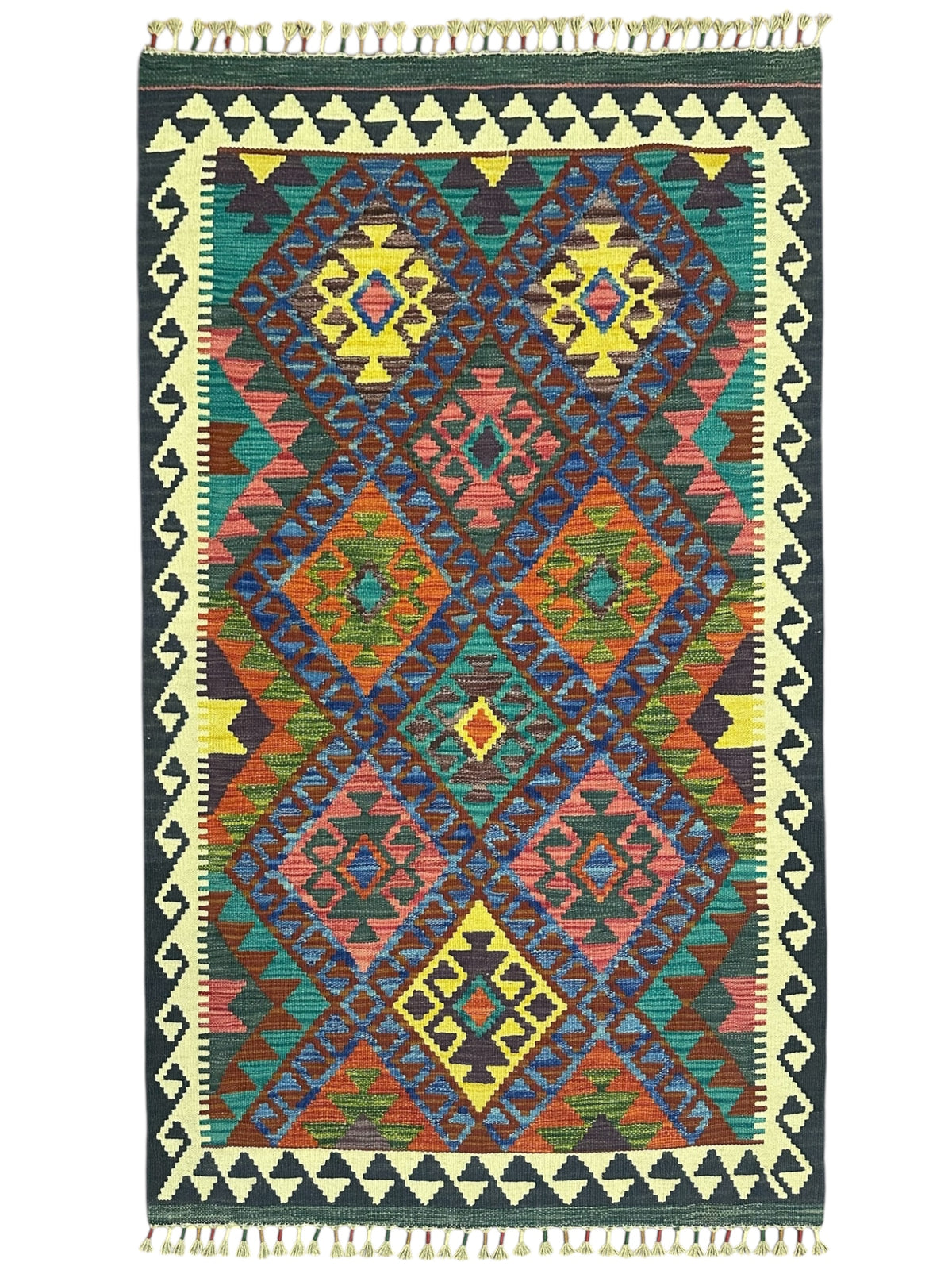 Afghan Kilim Rug 3x5, Teal, Navy & Rust, Diamond Lattice Wool Flatweave