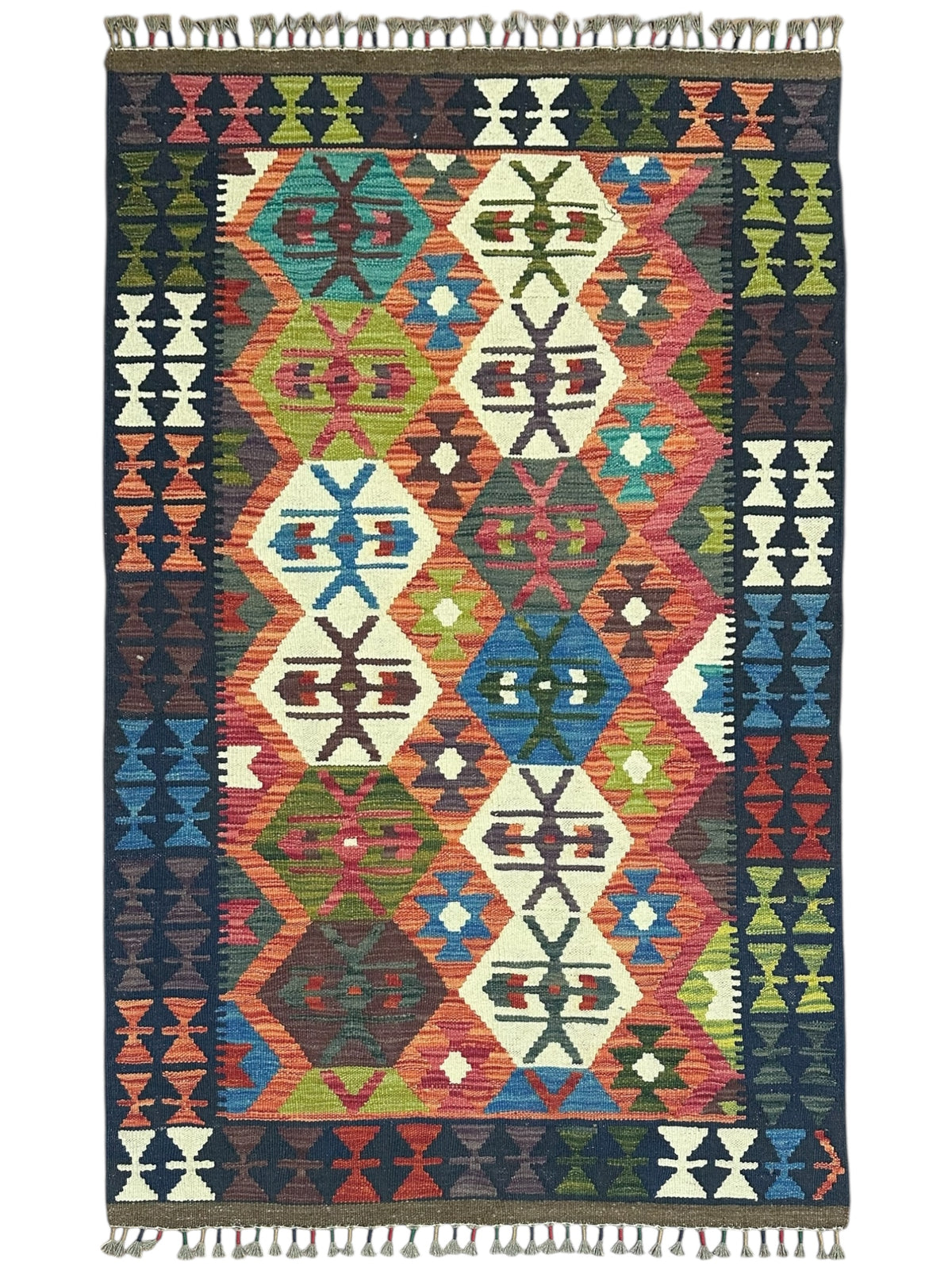 Afghan Kilim Rug 3x5, Rust, Navy & Ivory, Diamond Lattice Wool Flatweave, Blue Accents