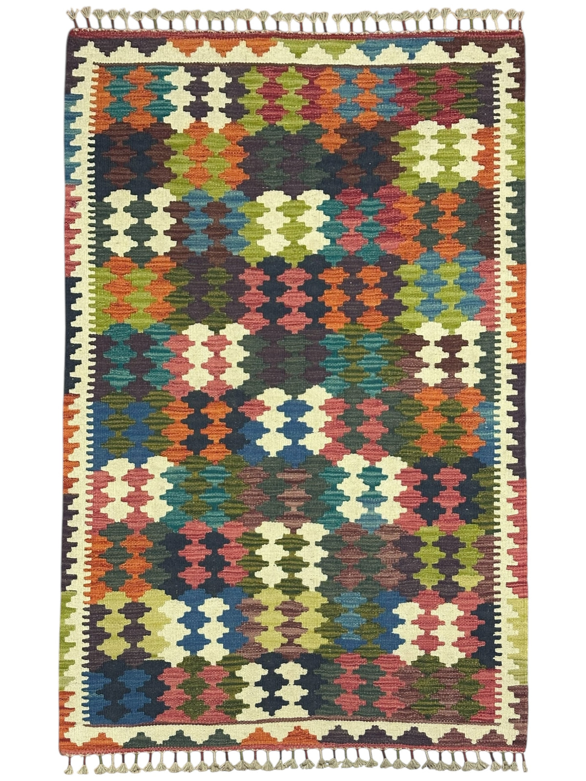 Afghan Kilim Rug 3x5, Ivory, Olive Green & Rust, Hand-Woven Wool Flatweave