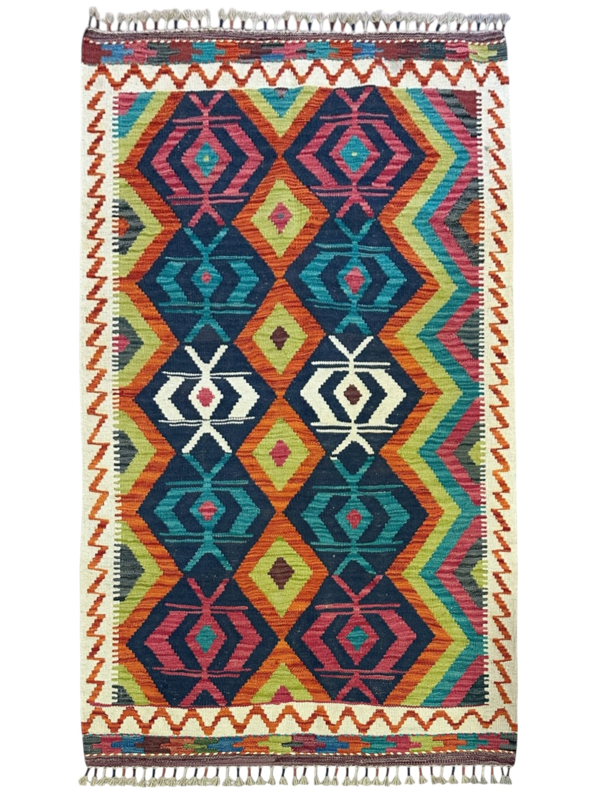 Afghan Kilim Rug 3x5, Navy, Orange & Teal, Hand-Woven Wool Flatweave