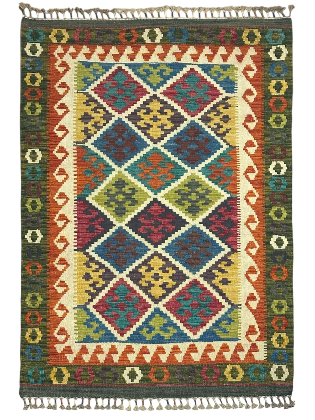 Afghan Kilim Rug 3x5, Olive Green, Rust & Ivory, Hand-Woven Wool Flatweave