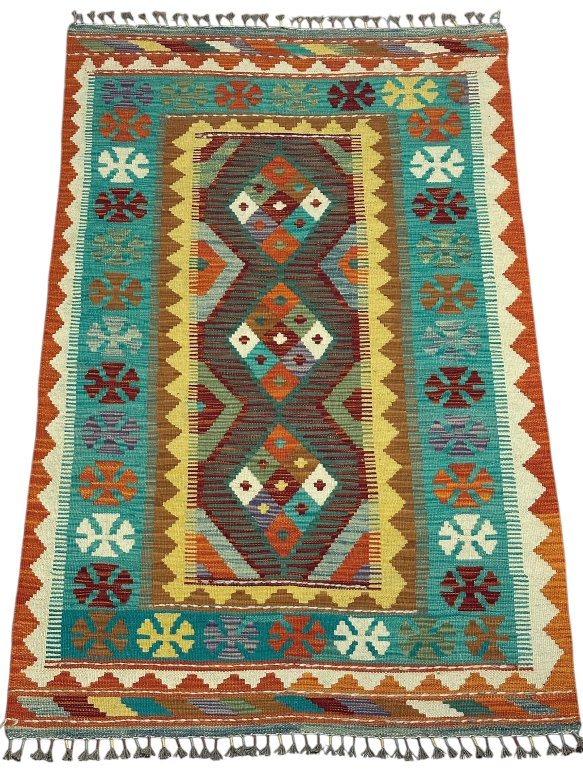 Afghan Kilim Rug 3x5, Teal, Rust & Brown, Hand-Woven Wool Flatweave, view 2