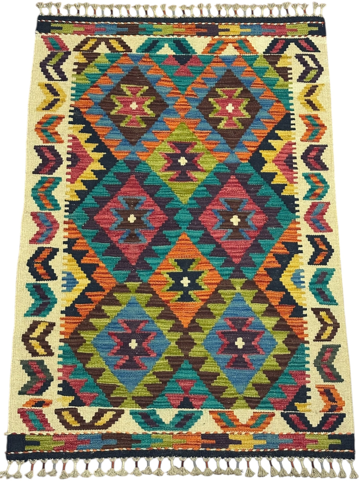 Afghan Kilim Rug 3x4, Brown, Ivory & Teal, Diamond Lattice Wool Flatweave, view 2