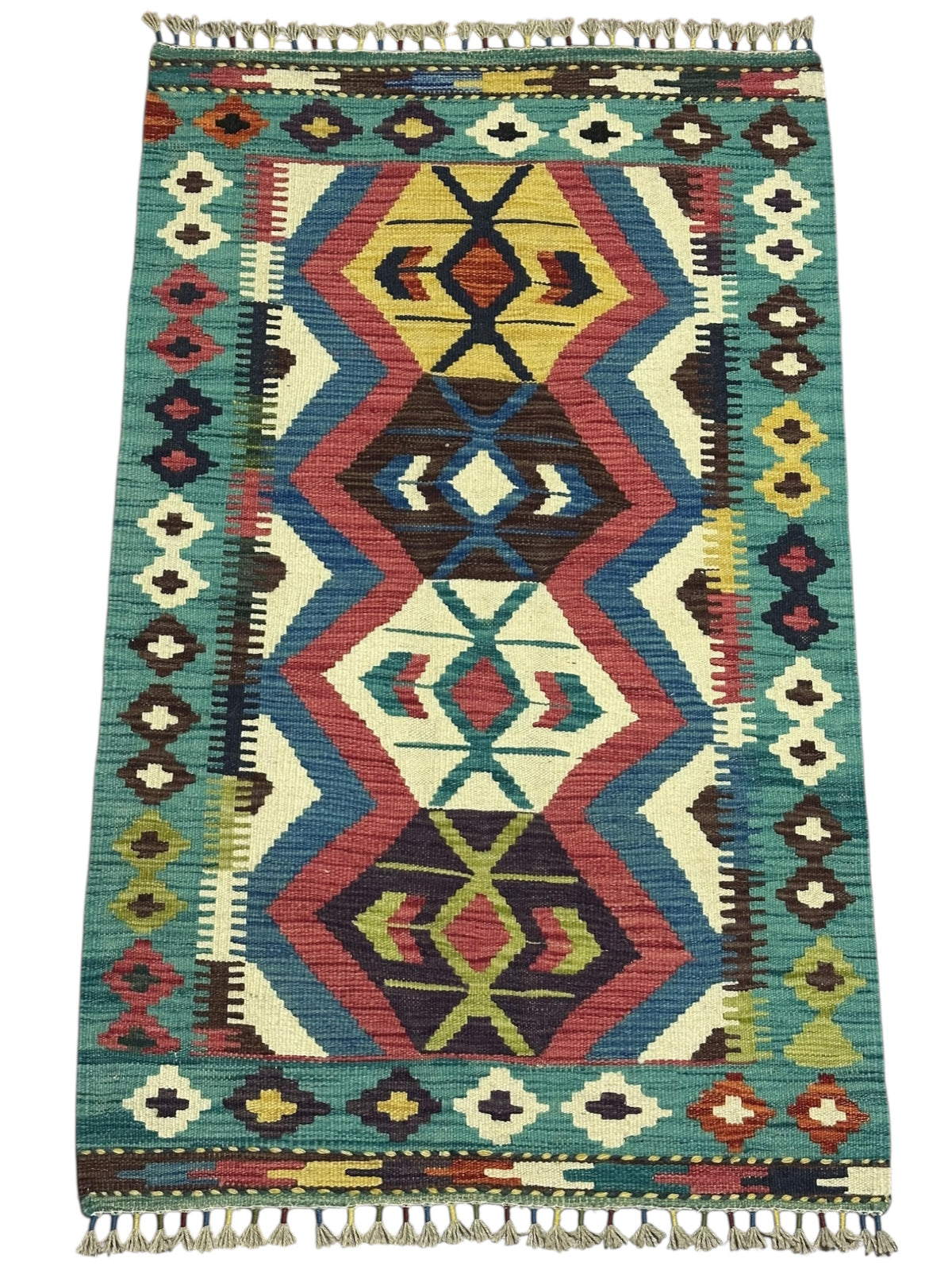 Afghan Kilim Rug 3x4, Teal, Ivory & Pink, Hand-Woven Wool Flatweave, view 2