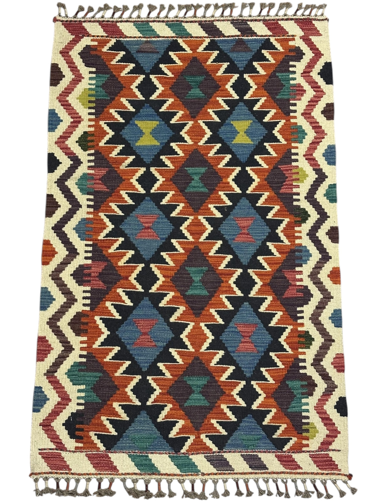 Afghan Kilim Rug 3x4, Rust, Navy & Ivory, Diamond Lattice Wool Flatweave, view 2