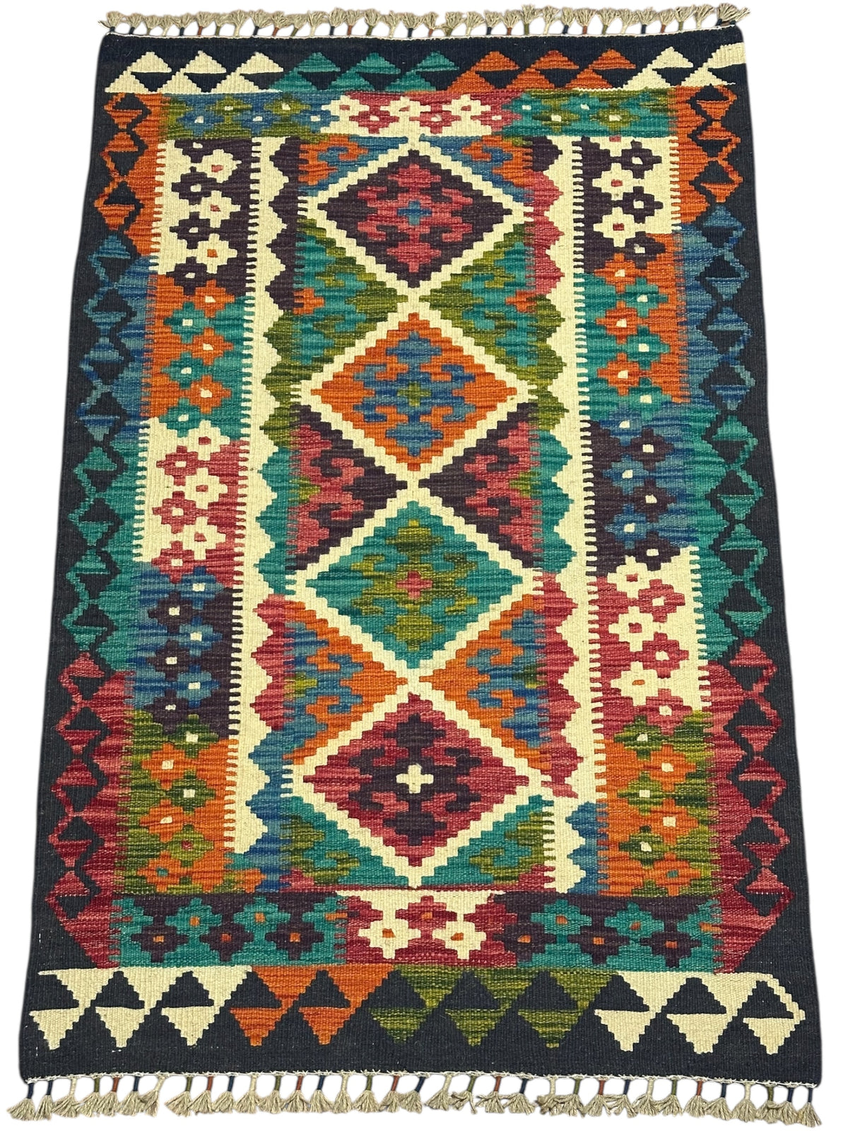Afghan Kilim Rug 3x4, Navy, Ivory & Rust, Diamond Medallion Wool Flatweave, view 2
