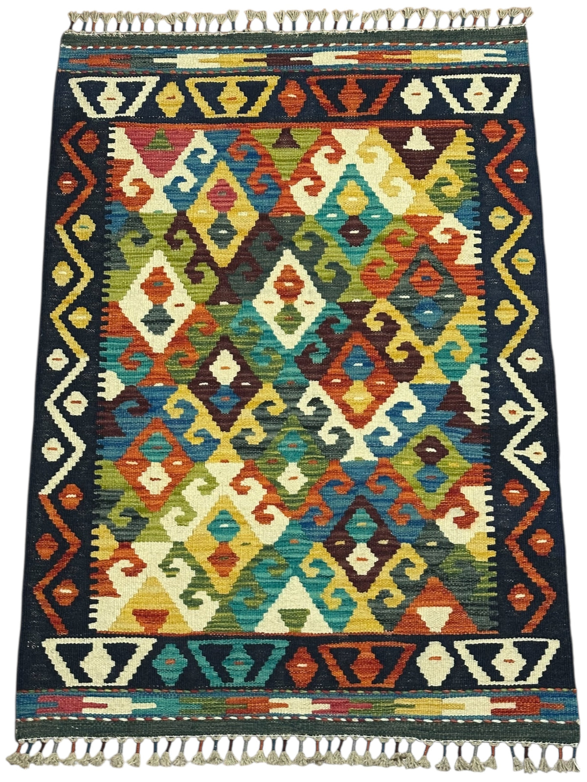 Afghan Kilim Rug 3x4, Navy, Ivory & Olive Green, Diamond Lattice Wool Flatweave, view 2