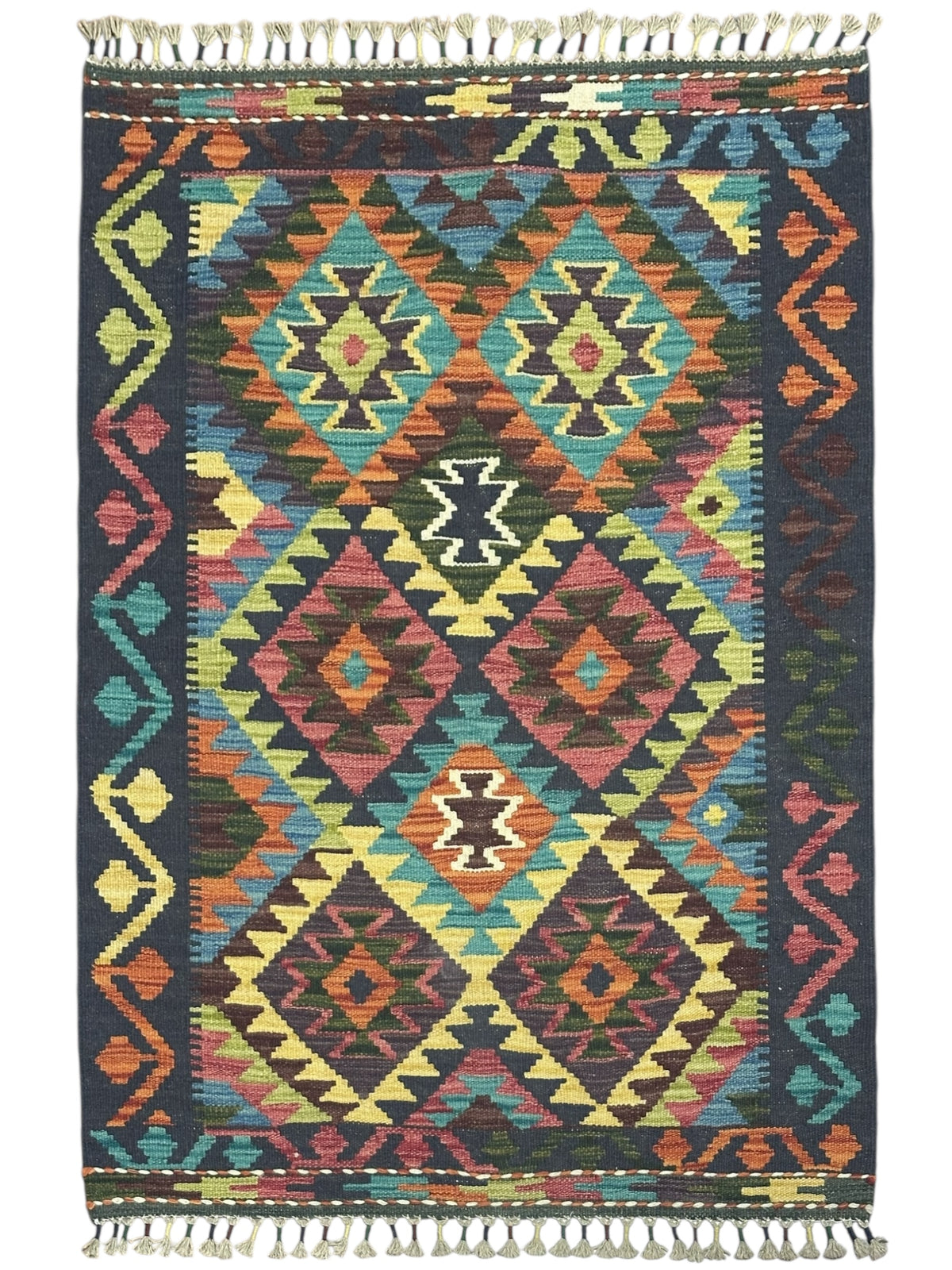 Afghan Kilim Rug 3x4, Navy, Teal & Pink, Hand-Woven Wool Flatweave