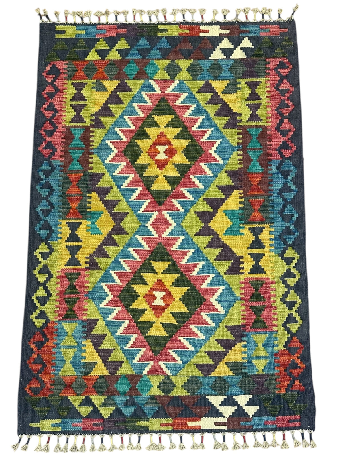 Afghan Kilim Rug 3x4, Navy, Olive Green & Pink, Hand-Woven Wool Flatweave, view 2