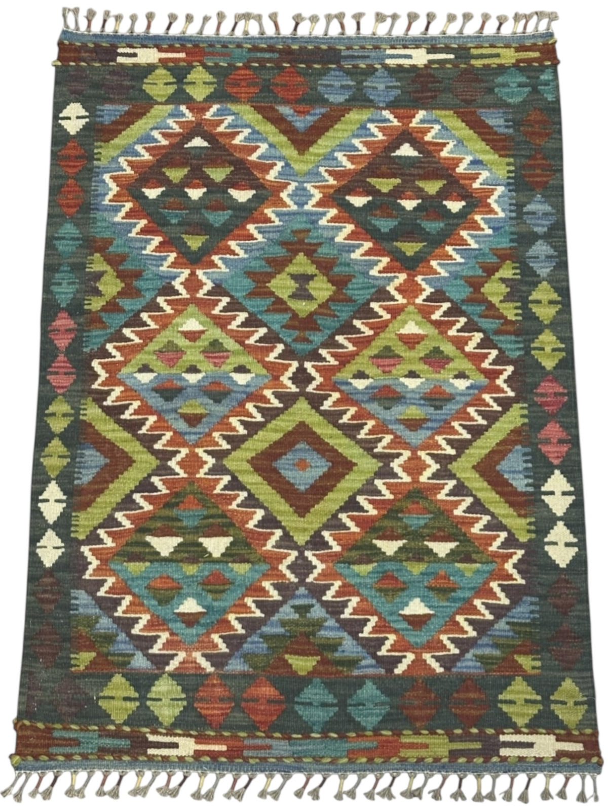 Afghan Kilim Rug 3x4, Teal, Rust & Olive Green, Diamond Lattice Wool Flatweave, view 2