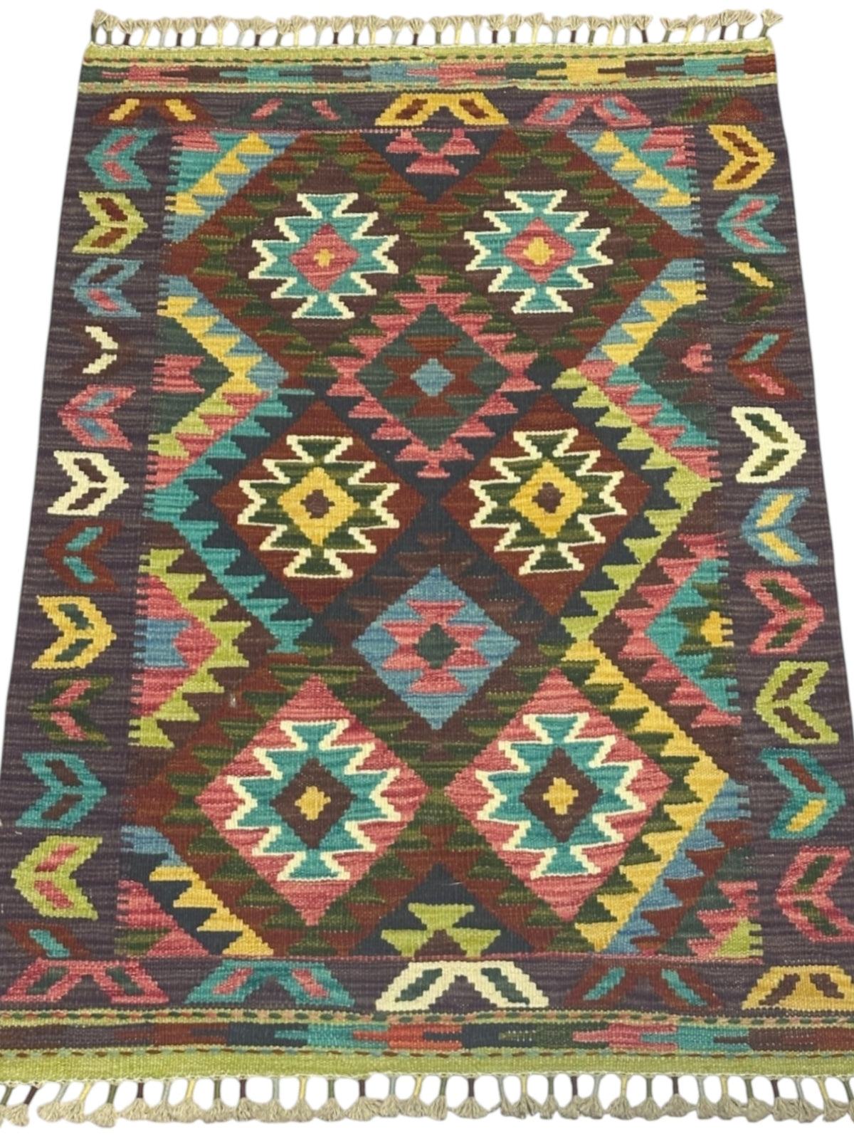 Afghan Kilim Rug 3x4, Brown, Teal & Pink, Diamond Lattice Wool Flatweave, view 2