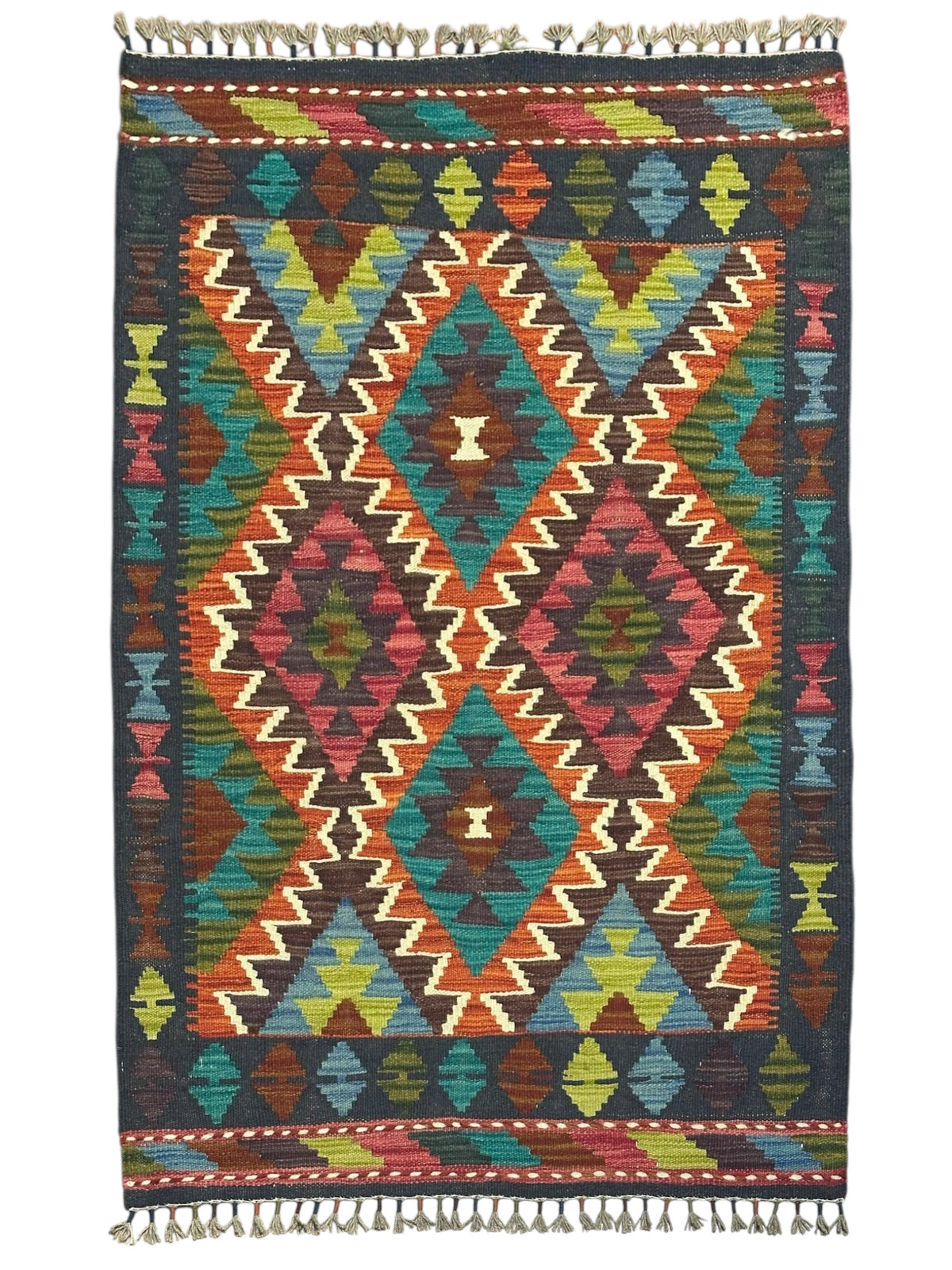 Afghan Kilim Rug 2'8" x 4', Hand-Woven Wool, No. 302