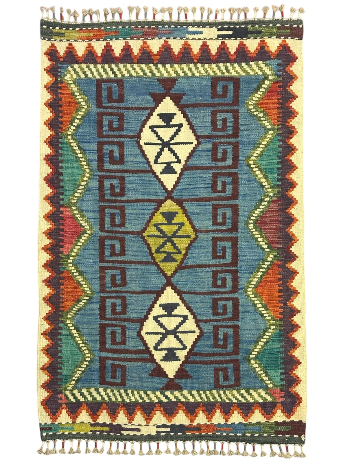 Afghan Kilim Rug 3x4, Blue, Ivory & Brown, Hand-Woven Wool Flatweave