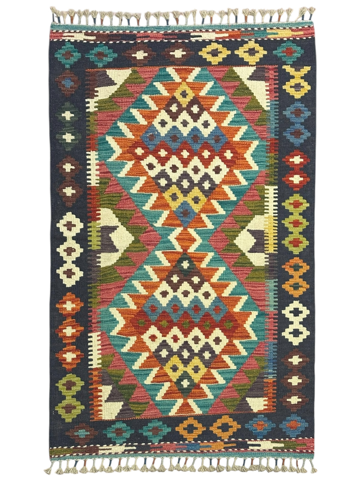 Afghan Kilim Rug 3x4, Navy, Teal & Rust, Hand-Woven Wool Flatweave