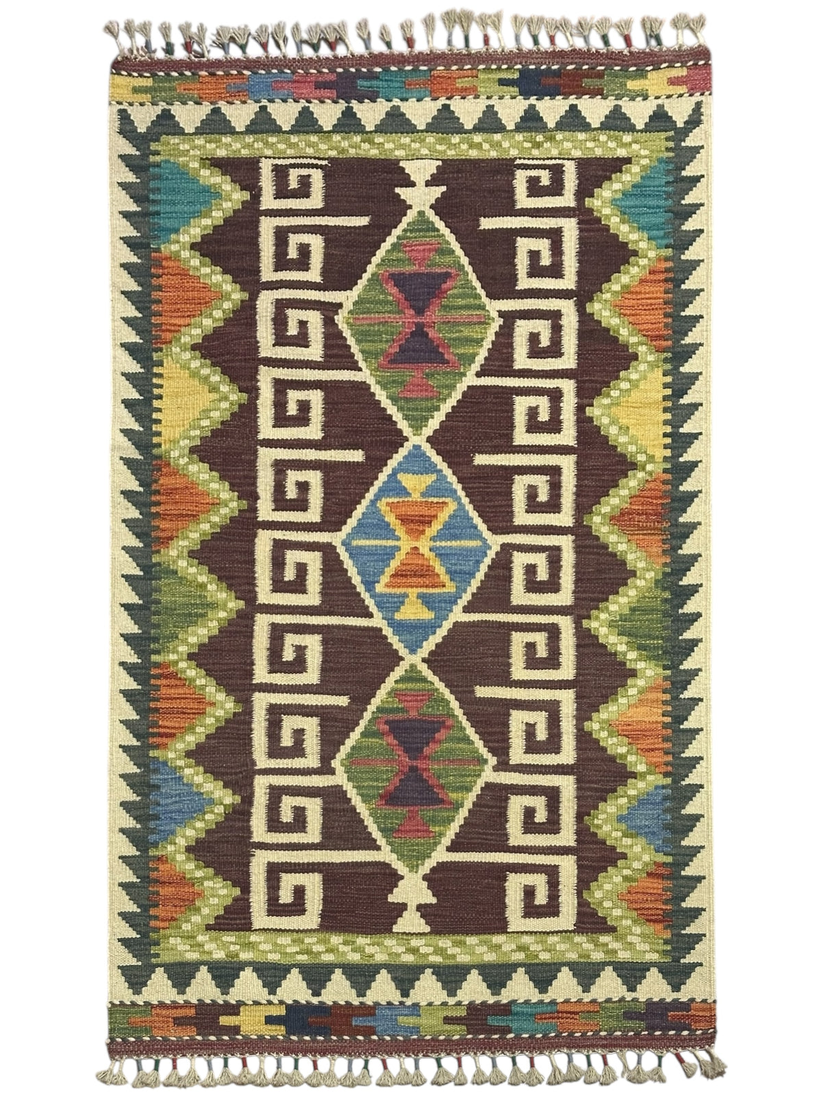 Afghan Kilim Rug 3x4, Brown, Ivory & Olive Green, Hand-Woven Wool Flatweave