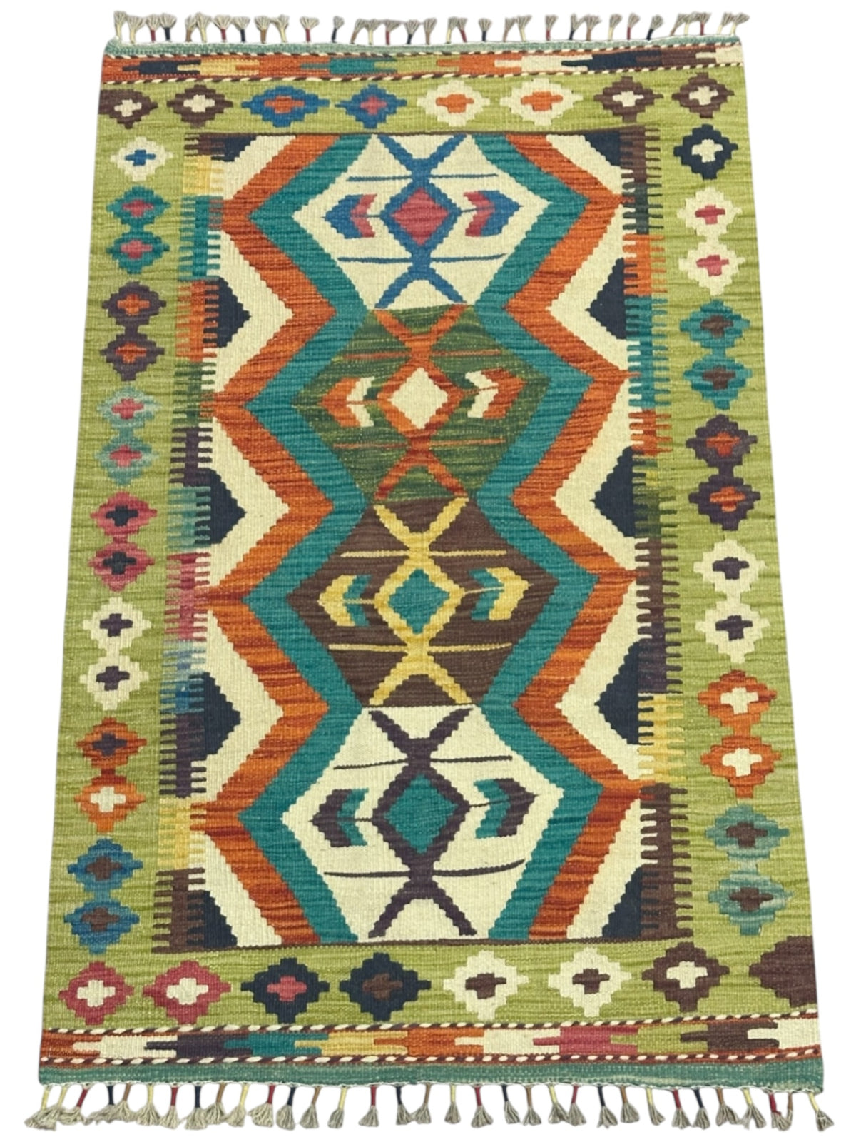Afghan Kilim Rug 3x4, Olive Green, Teal & Ivory, Hand-Woven Wool Flatweave, view 2
