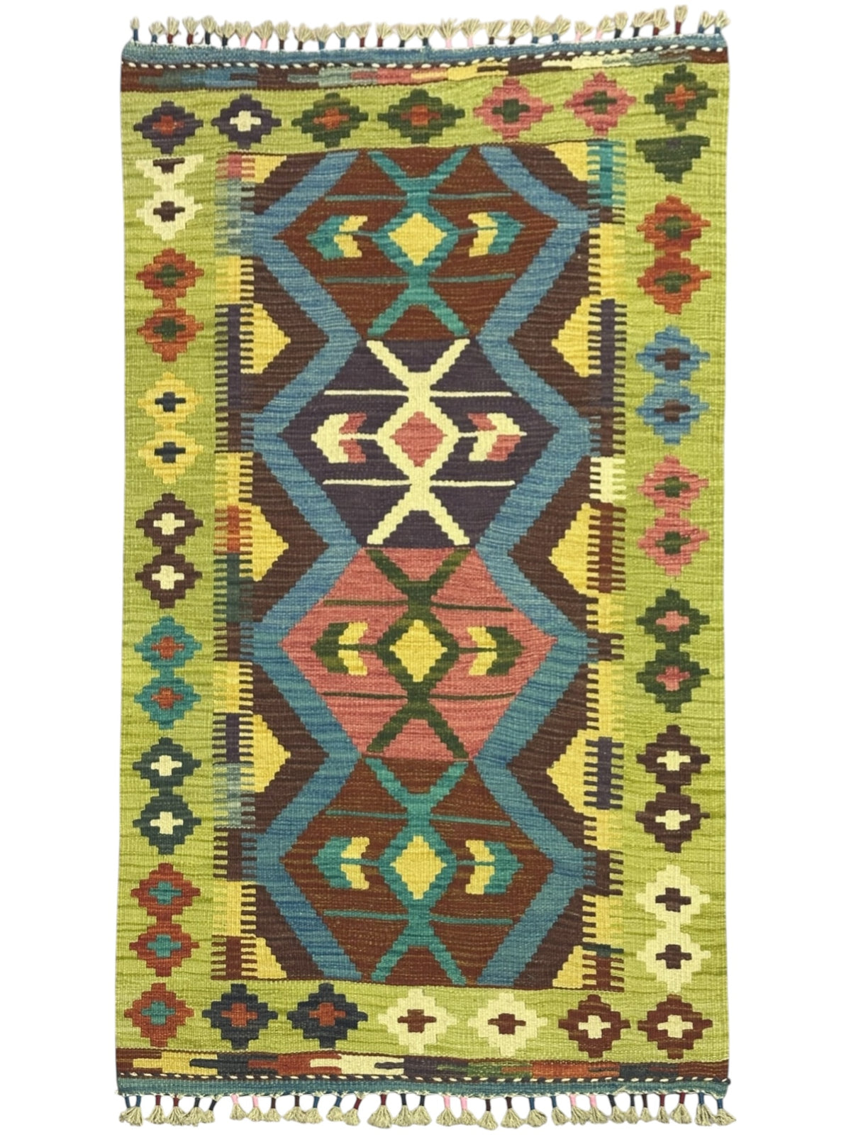 Afghan Kilim Rug 3x4, Olive Green, Brown & Blue, Hand-Woven Wool Flatweave