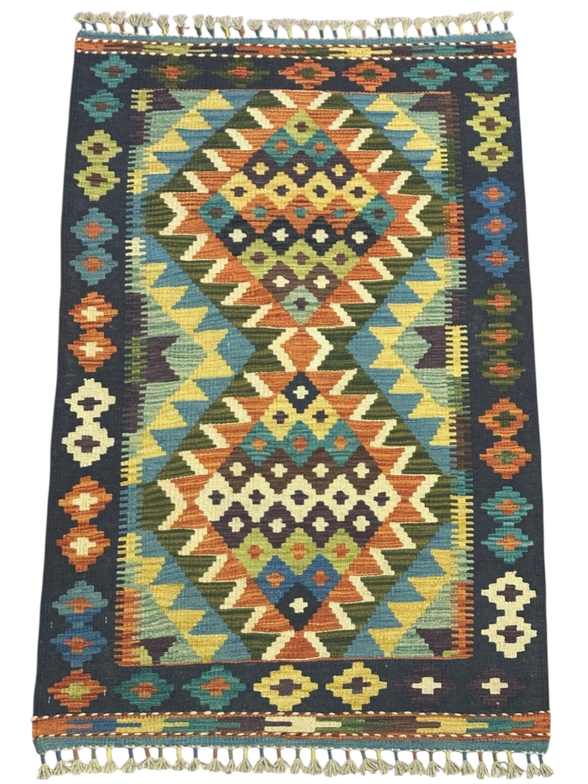 Afghan Kilim Rug 3x4, Navy, Gold & Rust, Diamond Medallion Wool Flatweave, view 2