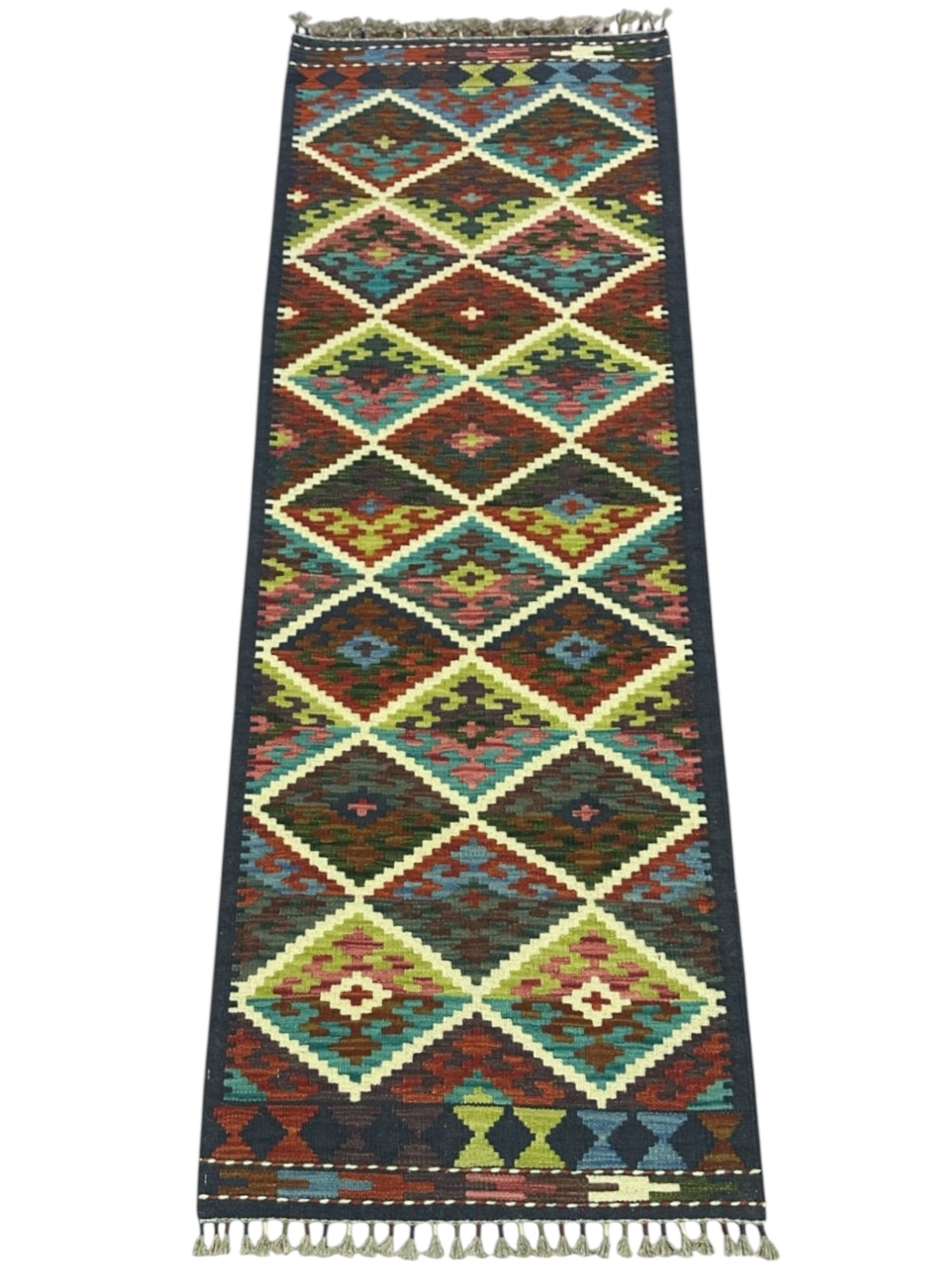 Afghan Kilim Runner 2x6, Brown, Ivory & Teal, Hand-Woven Wool Flatweave, view 2
