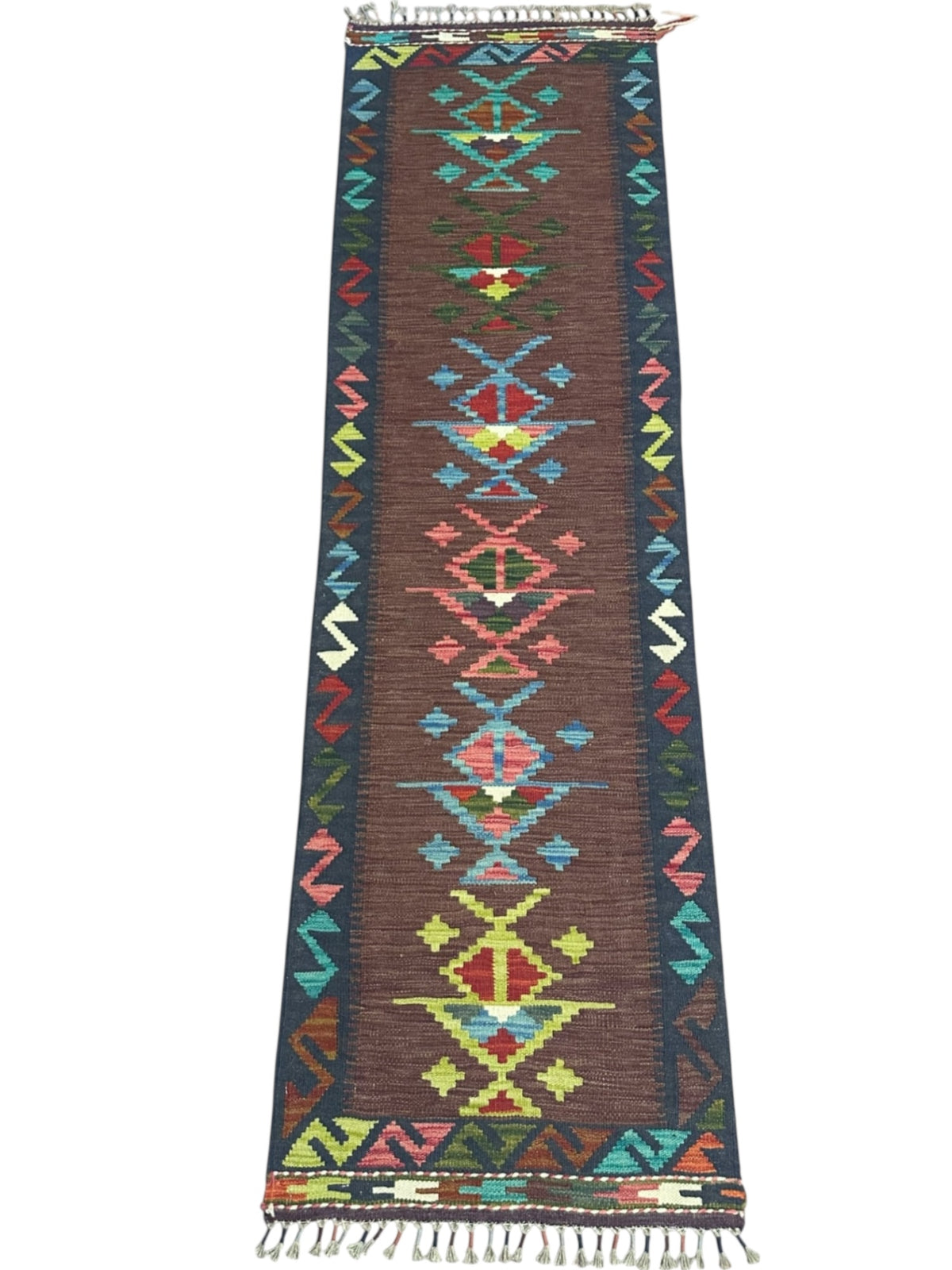Afghan Kilim Runner 2x7, Brown, Navy & Teal, Hand-Woven Wool Flatweave, view 2