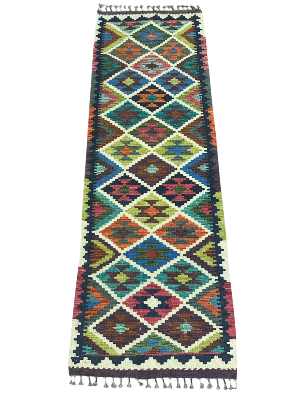 Afghan Kilim Runner 2x7, Ivory, Teal & Green, Hand-Woven Wool Flatweave, view 2