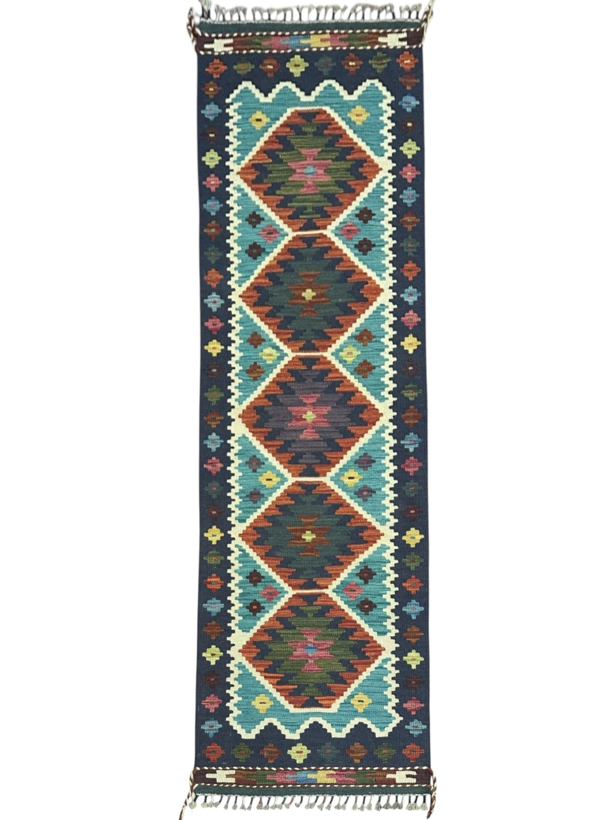 Afghan Kilim Runner 2x7, Navy, Teal & Rust, Hand-Woven Wool Flatweave