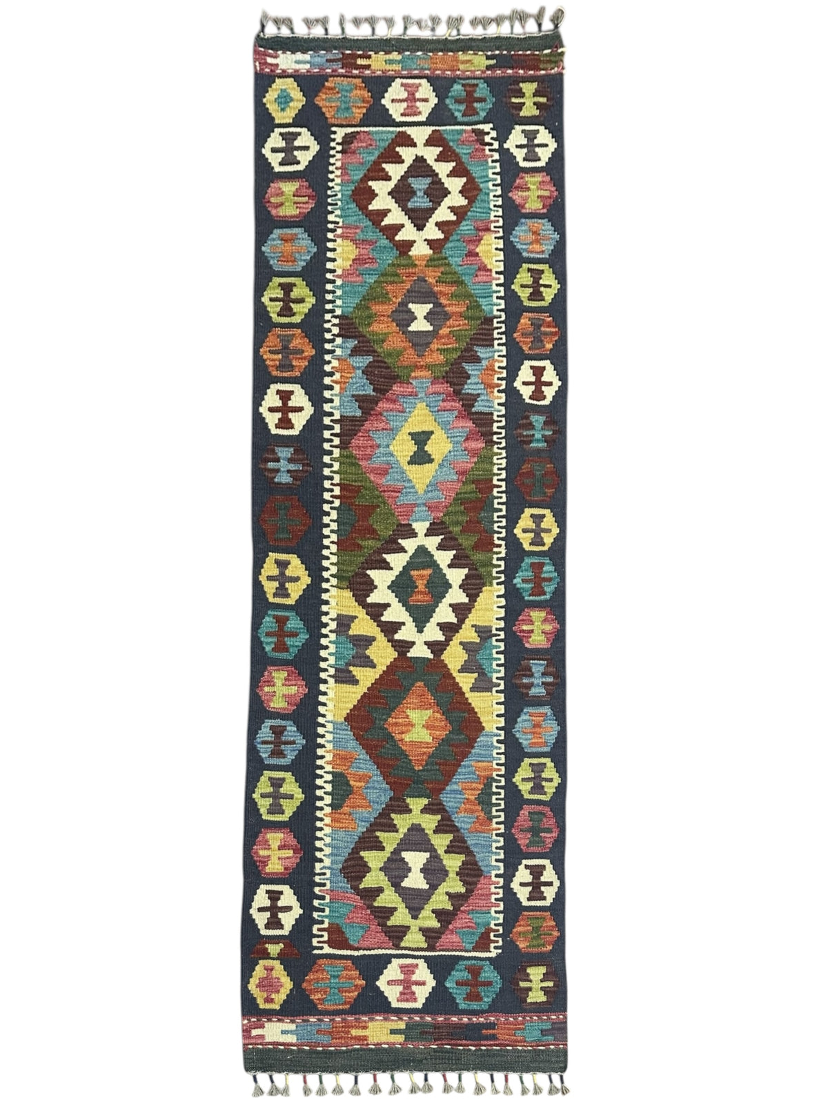 Afghan Kilim Runner 2x6, Navy, Ivory & Rust, Hand-Woven Wool Flatweave