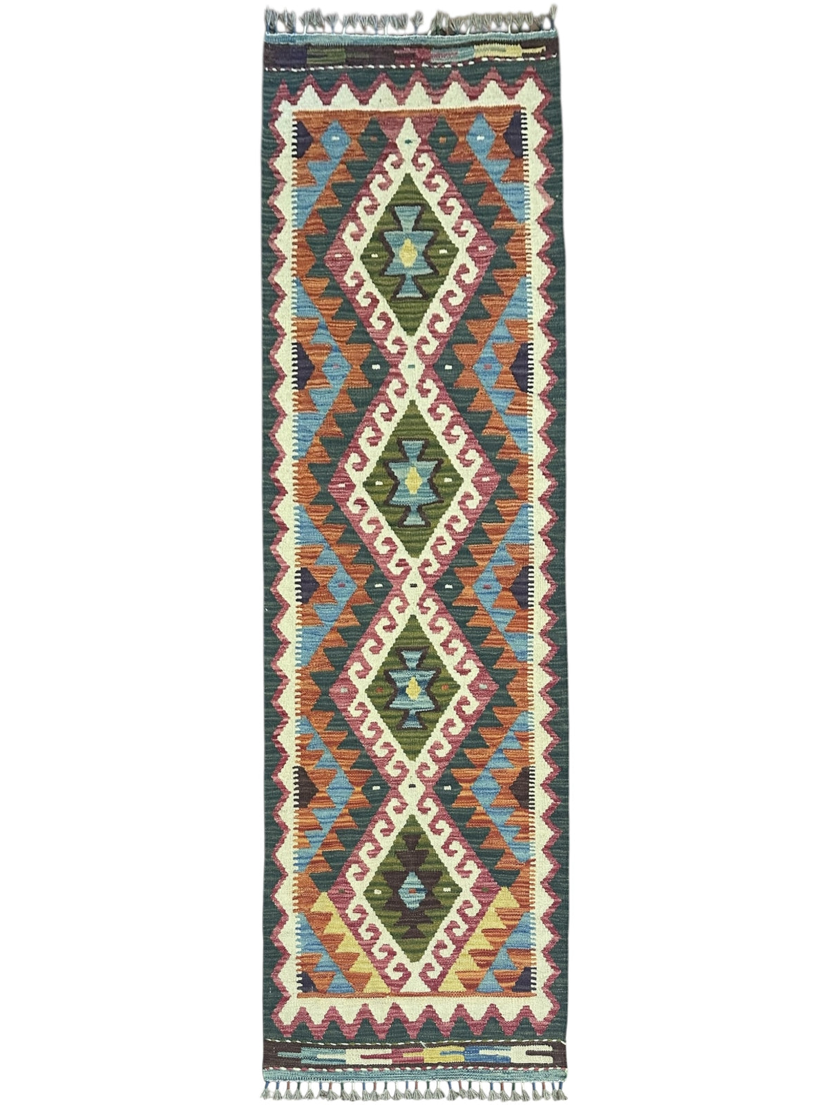Afghan Kilim Runner 2x7, Rust, Blue & Ivory, Hand-Woven Wool Flatweave