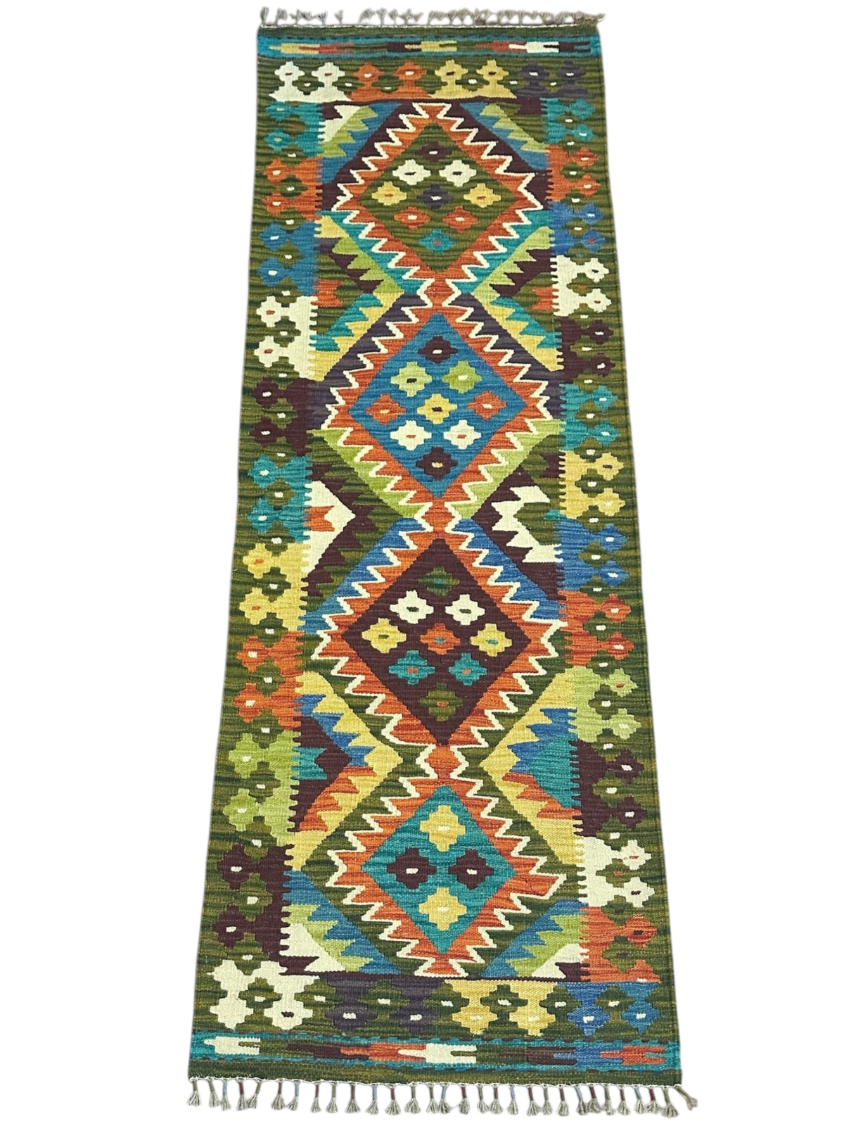 Afghan Kilim Runner 2x7, Rust, Green & Teal, Hand-Woven Wool Flatweave, view 2
