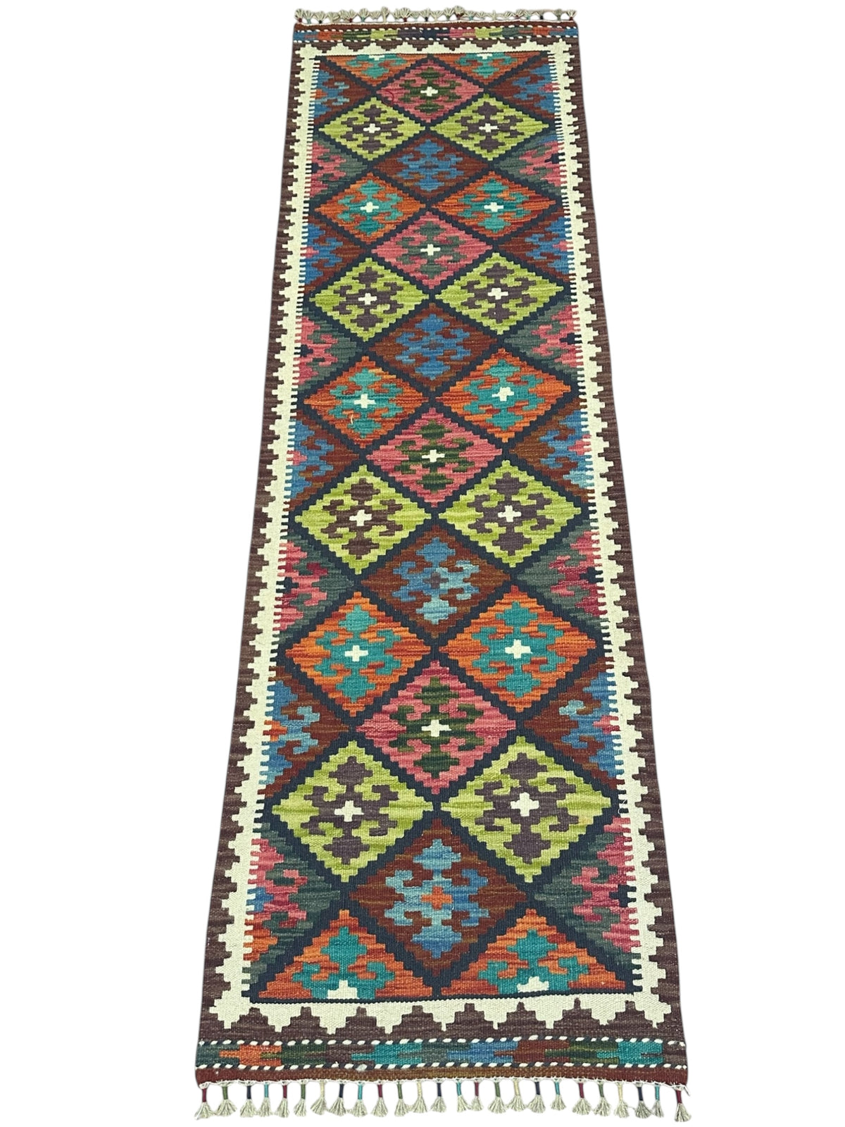 Afghan Kilim Runner 2x7, Brown, Pink & Olive Green, Hand-Woven Wool Flatweave, view 2