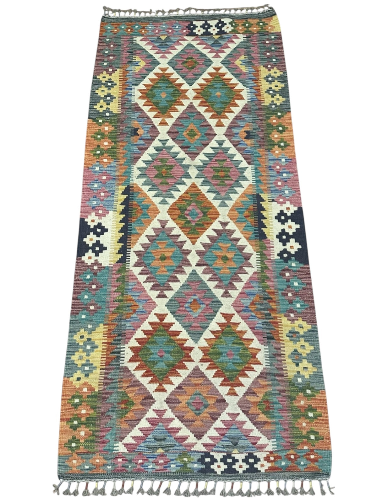 Afghan Kilim Runner 3x7, Pink, Ivory & Teal, Hand-Woven Wool Flatweave, view 2