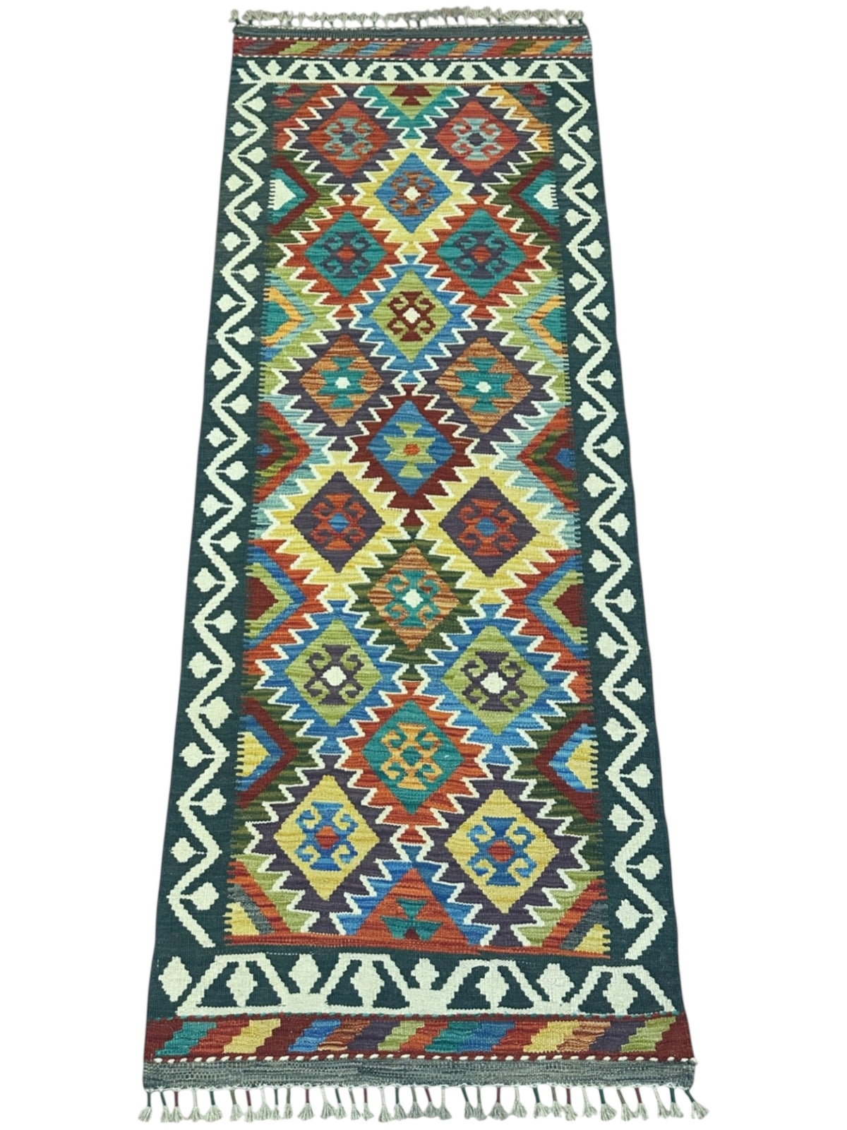 Afghan Kilim Runner 3x7, Teal, Rust & Ivory, Hand-Woven Wool Flatweave, view 2