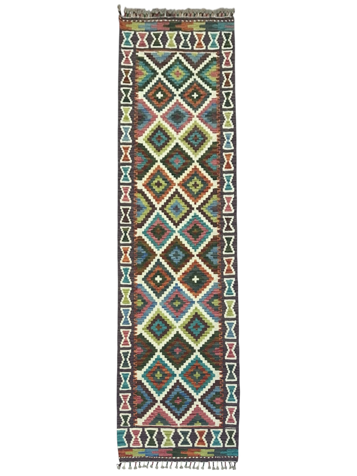 Afghan Kilim Runner 2x7, Brown, Ivory & Teal, Hand-Woven Wool Flatweave