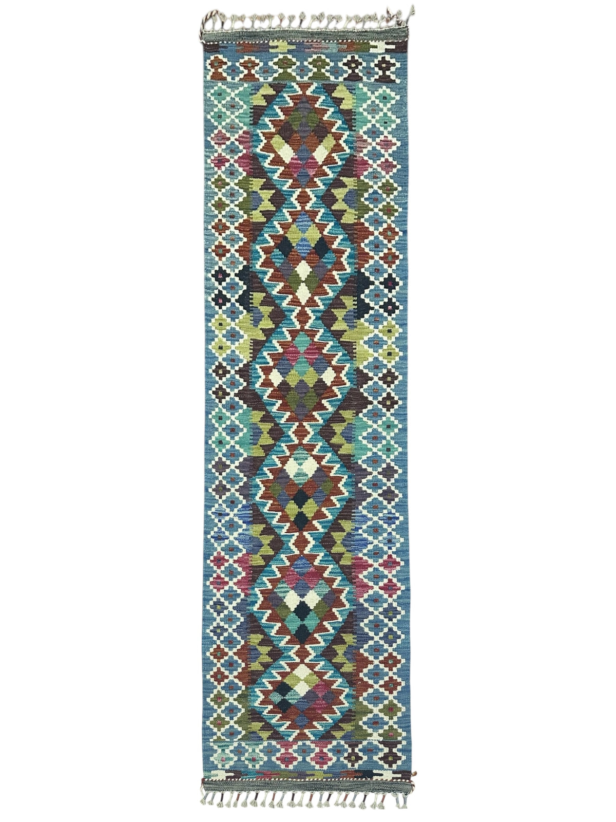 Afghan Kilim Runner 2x7, Blue, Ivory & Brown, Hand-Woven Wool Flatweave