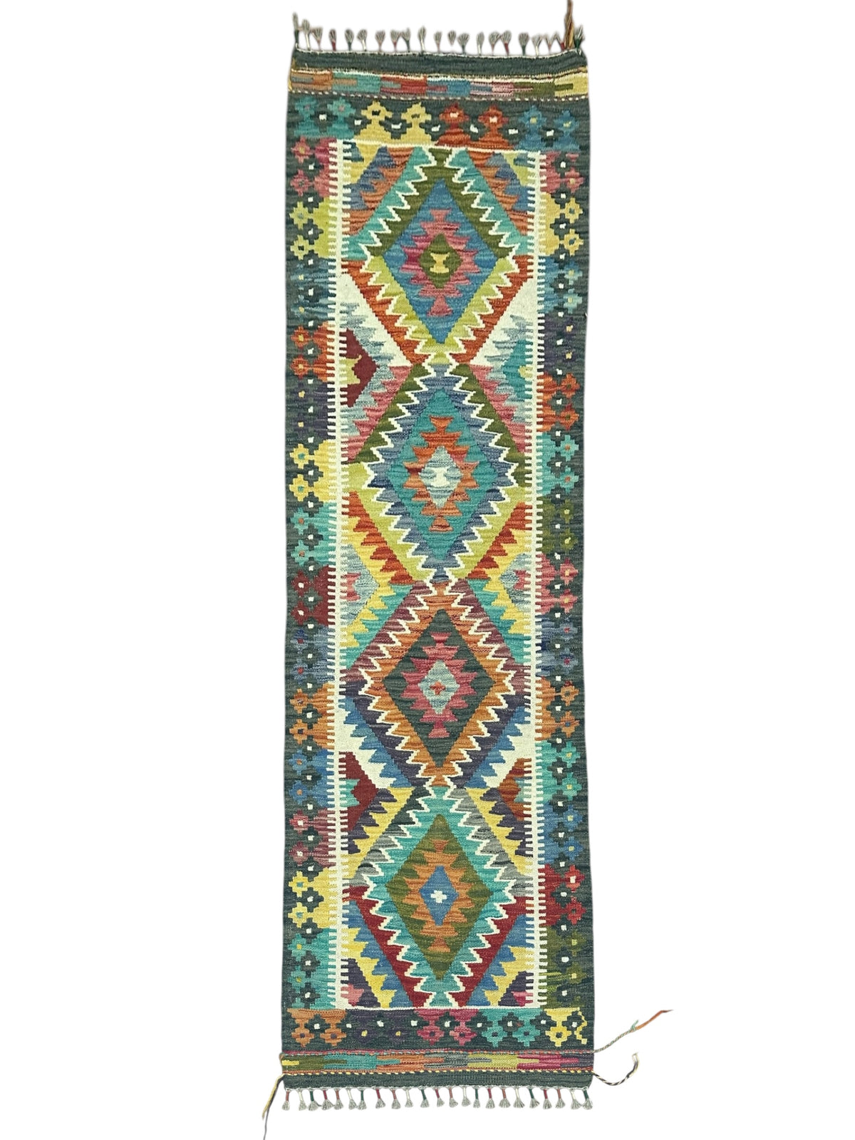Afghan Kilim Runner 2x6, Teal, Ivory & Gold, Hand-Woven Wool Flatweave