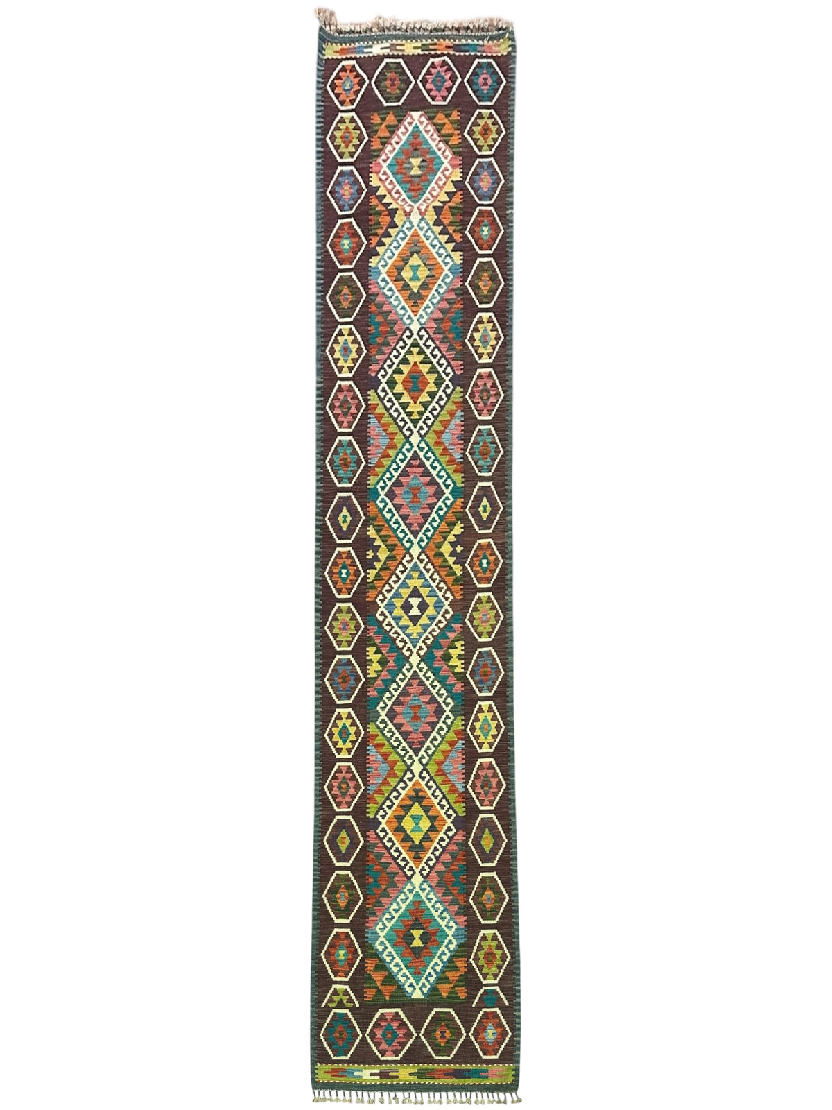 Afghan Kilim Runner 3x12, Brown, Ivory & Rust, Hand-Woven Wool Flatweave