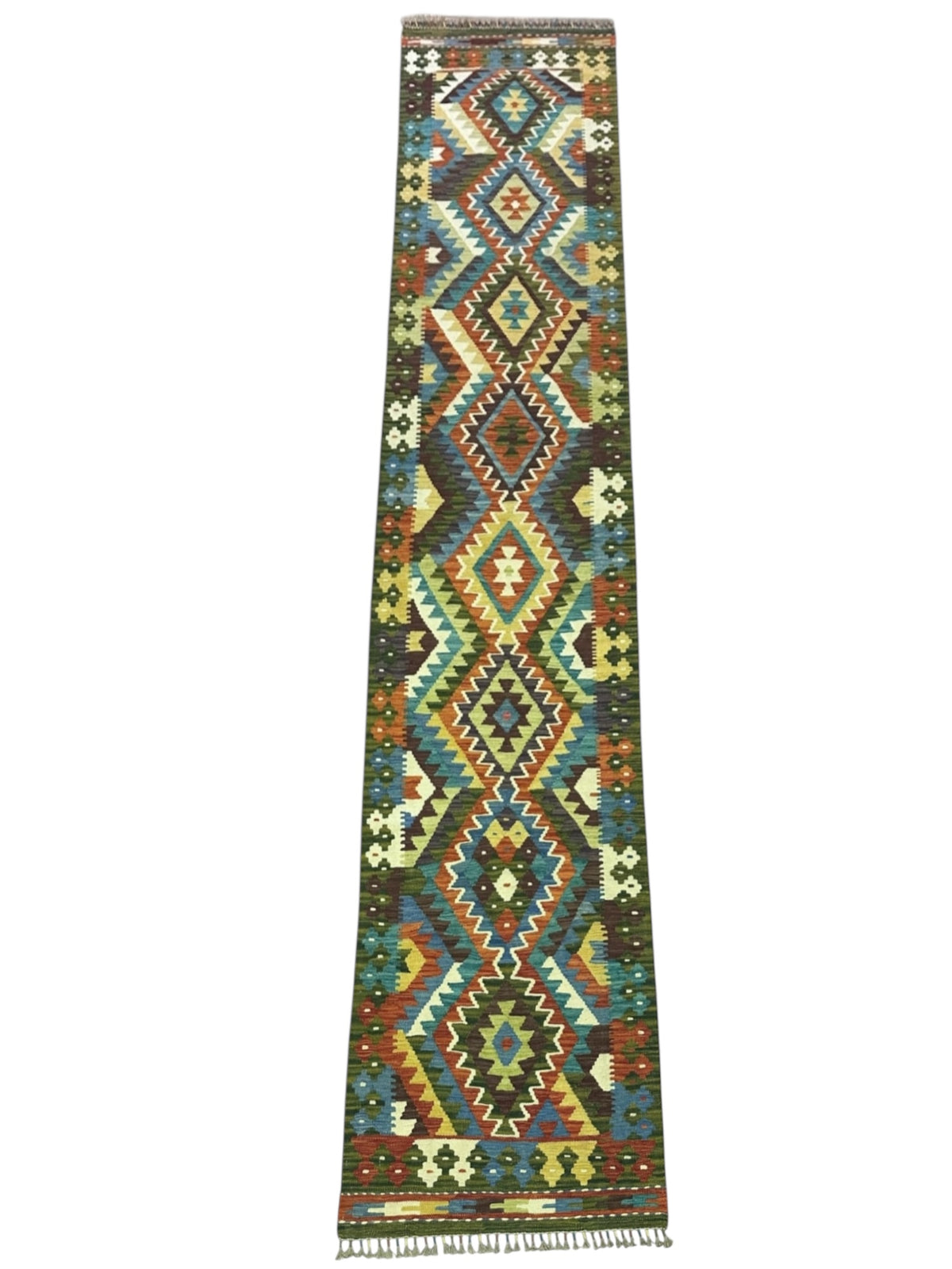 Afghan Kilim Runner 3x12, Olive Green, Navy & Ivory, Hand-Woven Wool Flatweave, view 2