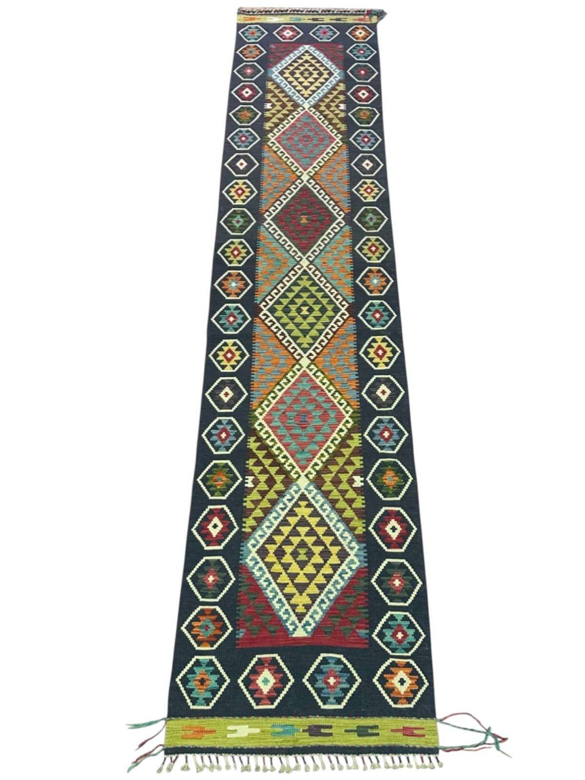 Afghan Kilim Runner 3x13, Navy, Rust & Ivory, Hand-Woven Wool Flatweave, view 2