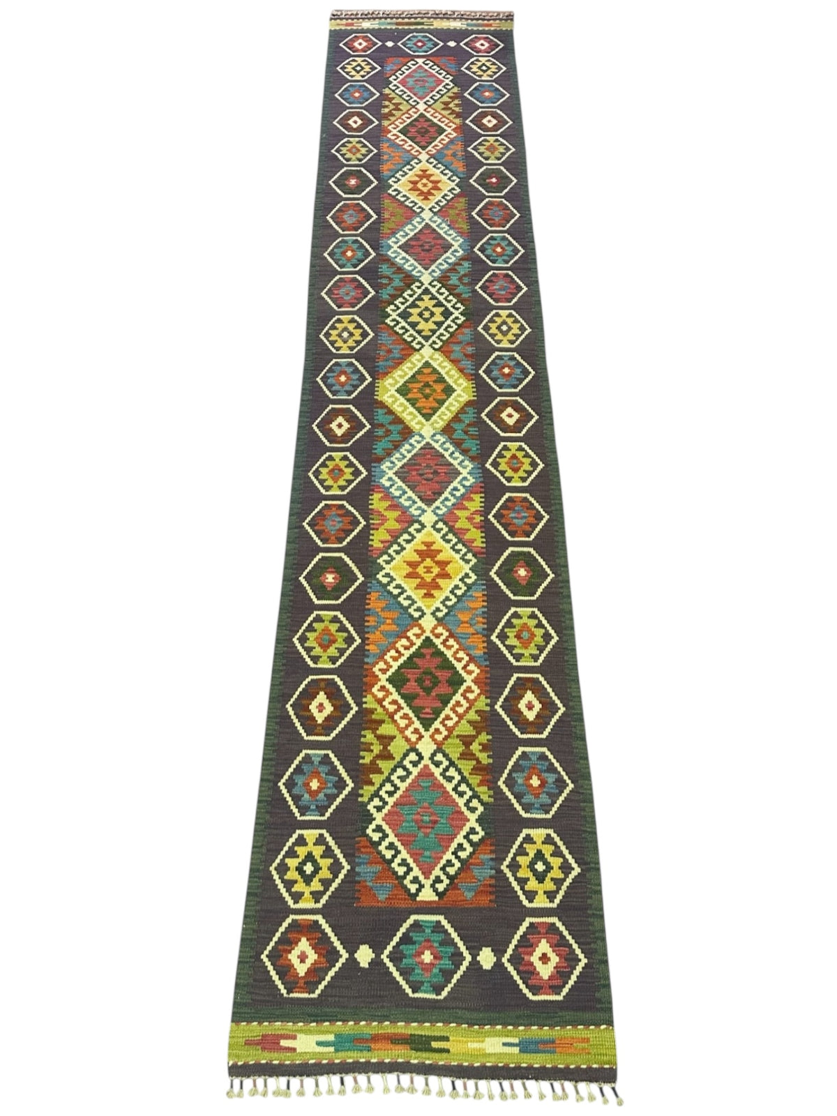 Afghan Kilim Runner 3x13, Navy, Rust & Gold, Hand-Woven Wool Flatweave, view 2