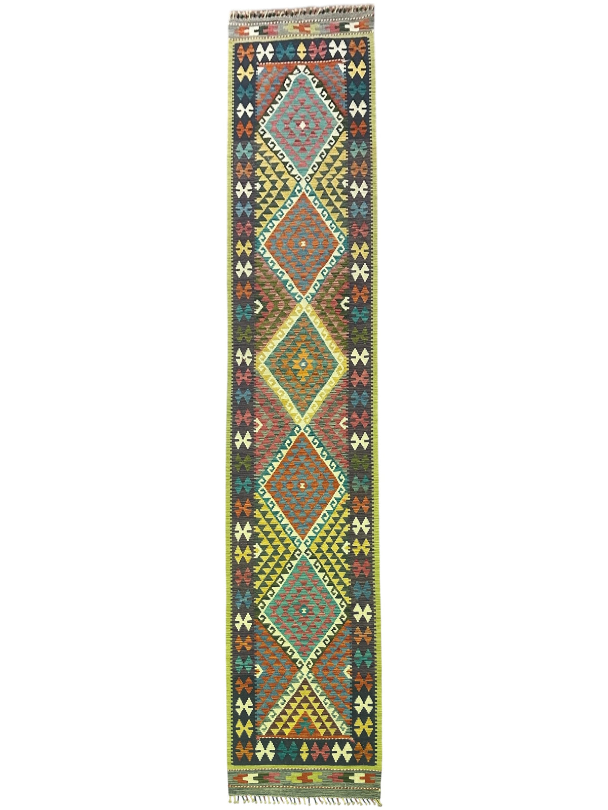 Afghan Kilim Runner 3x12, Brown, Olive Green & Teal, Hand-Woven Wool Flatweave