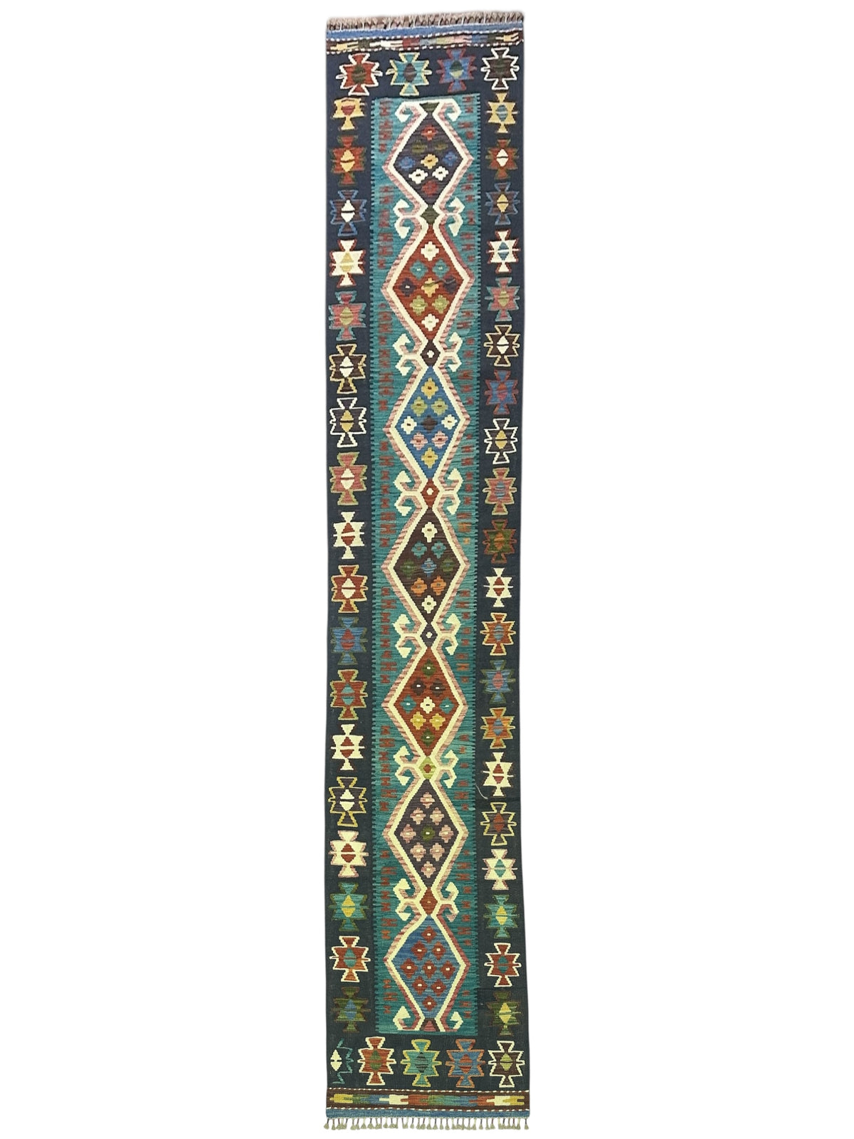 Afghan Kilim Runner 3x13, Navy, Blue & Ivory, Hand-Woven Wool Flatweave