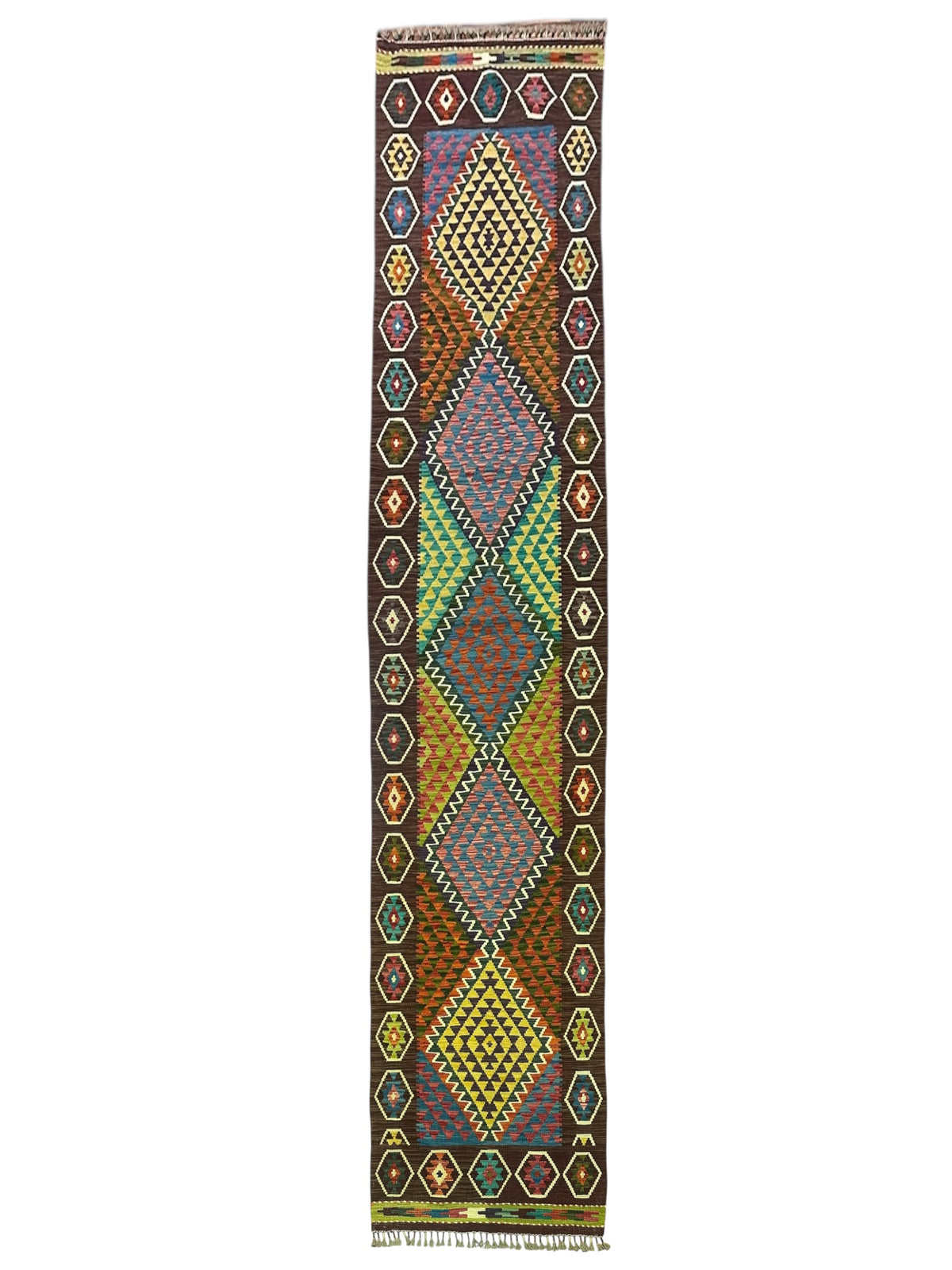 Afghan Kilim Runner 3x13, Brown, Gold & Green, Hand-Woven Wool Flatweave
