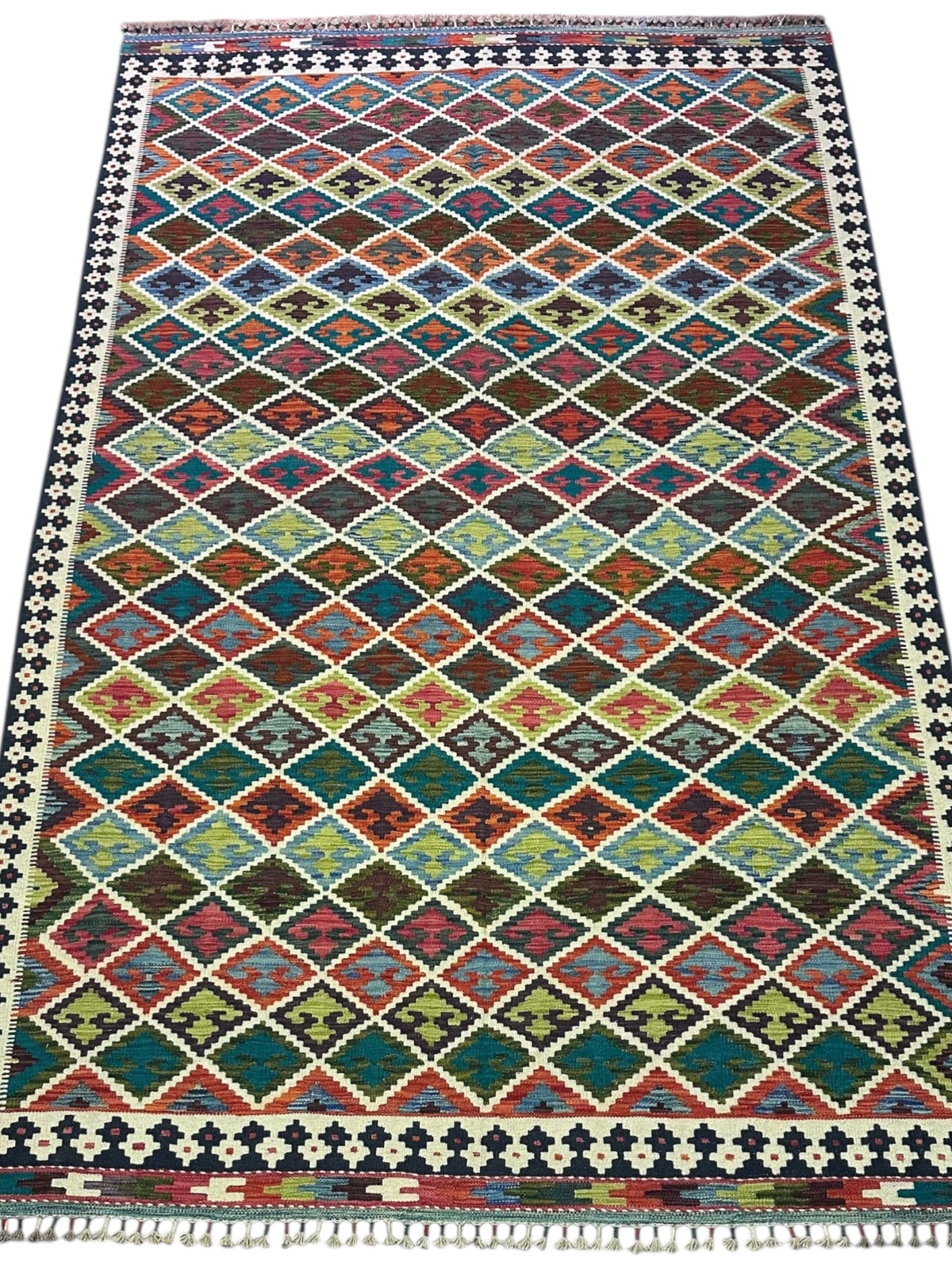 Afghan Kilim Rug 7x10, Ivory, Brown & Teal, Hand-Woven Wool Flatweave, view 2